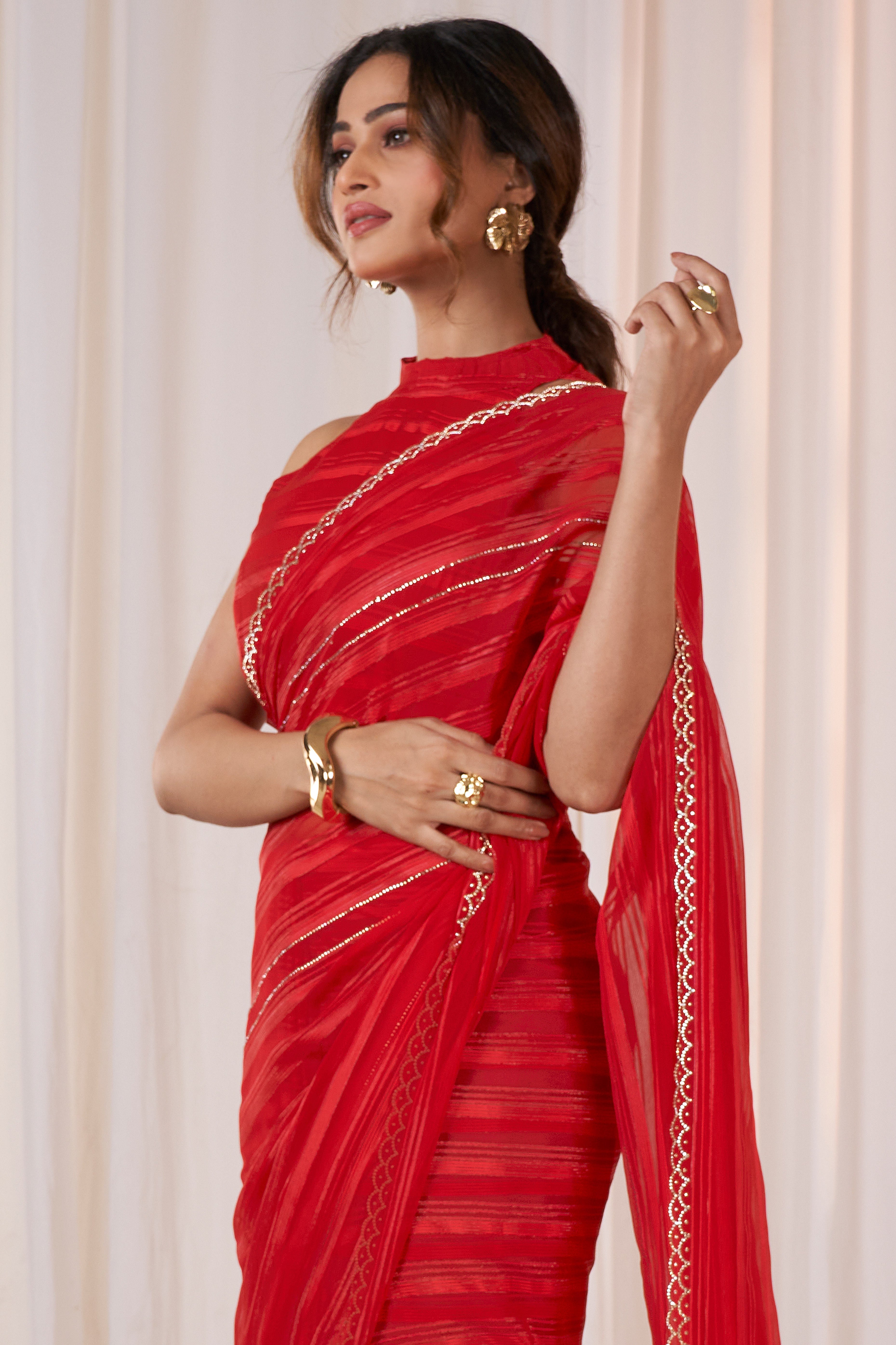 Red Georgette Saree Featuring Contemporary Stripes With A Sparkling Diamond & Beads Work Border