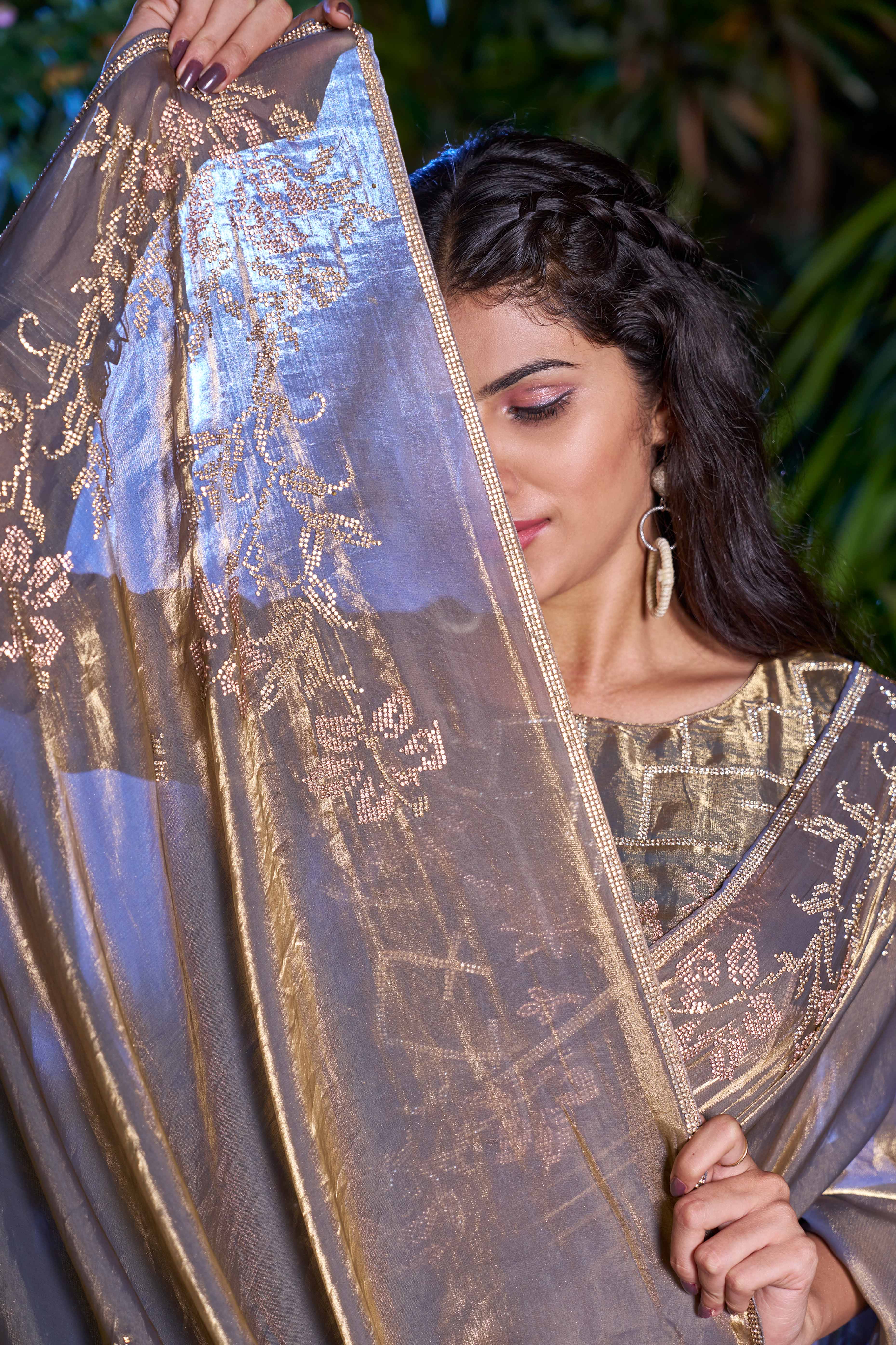 Luxury Satin Saree in Brown with Swarovski Embellishments