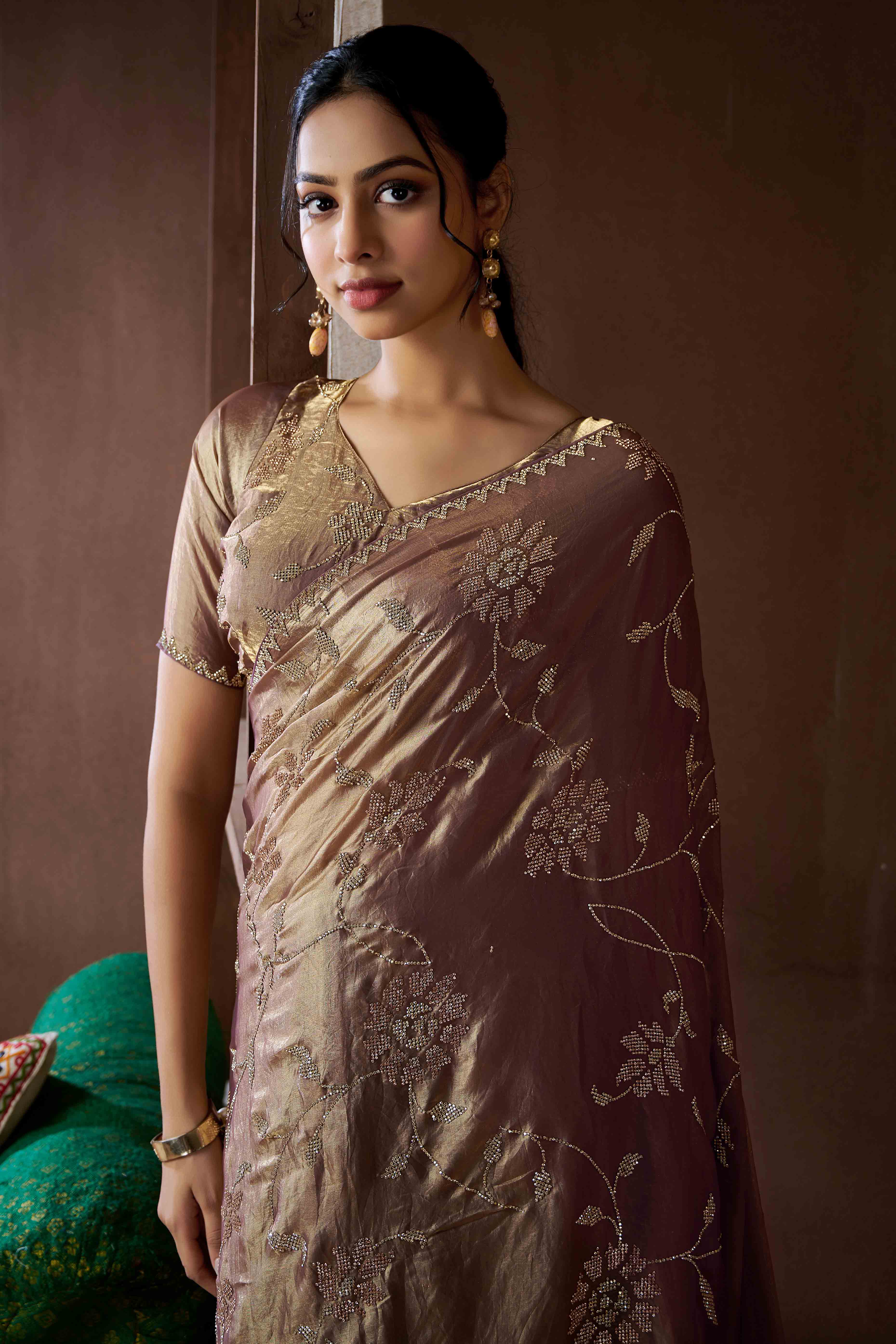 Lavender Satin Saree with Exquisite Stone Embellishments