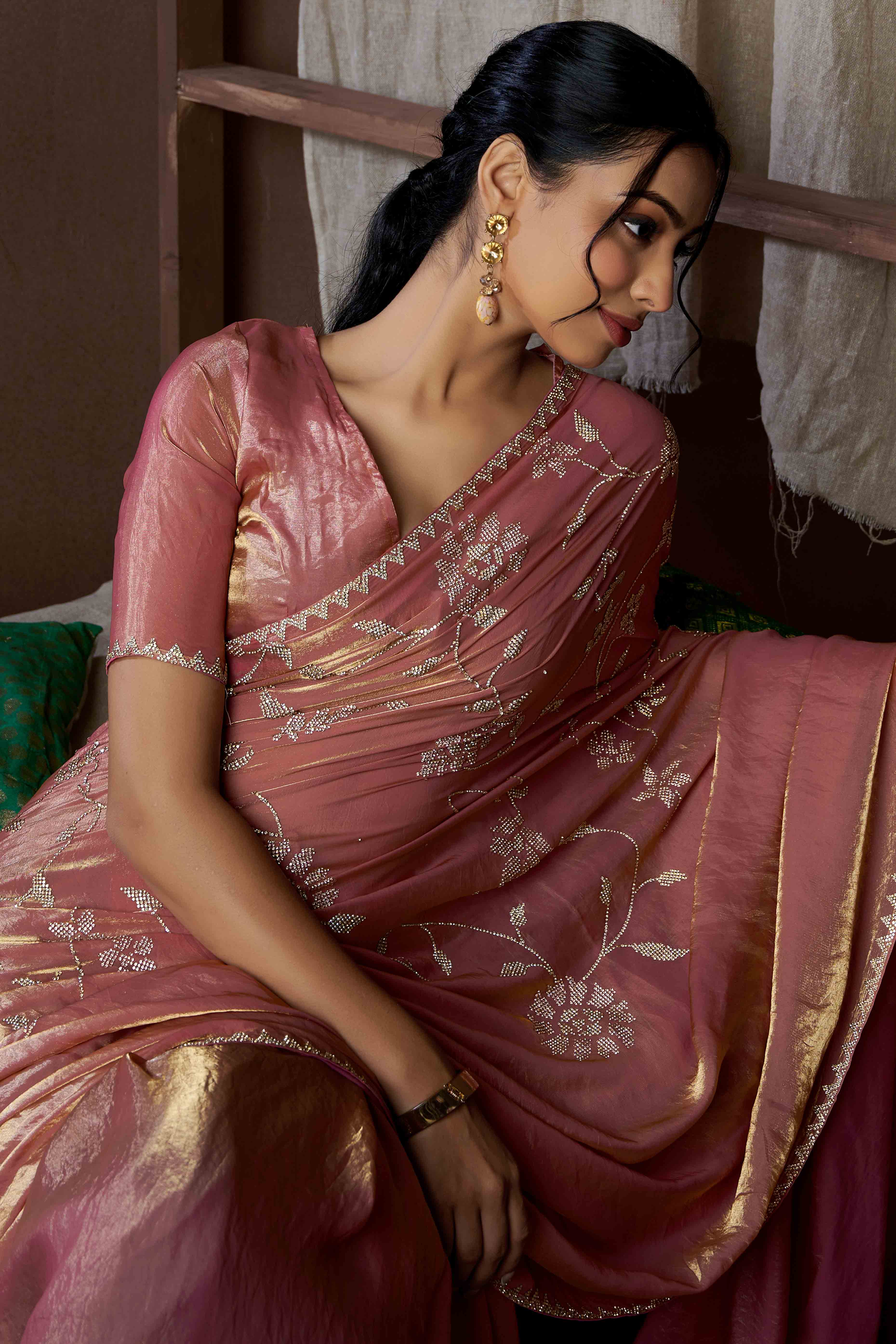 Peach Satin Saree with Exquisite Stone Embellishments