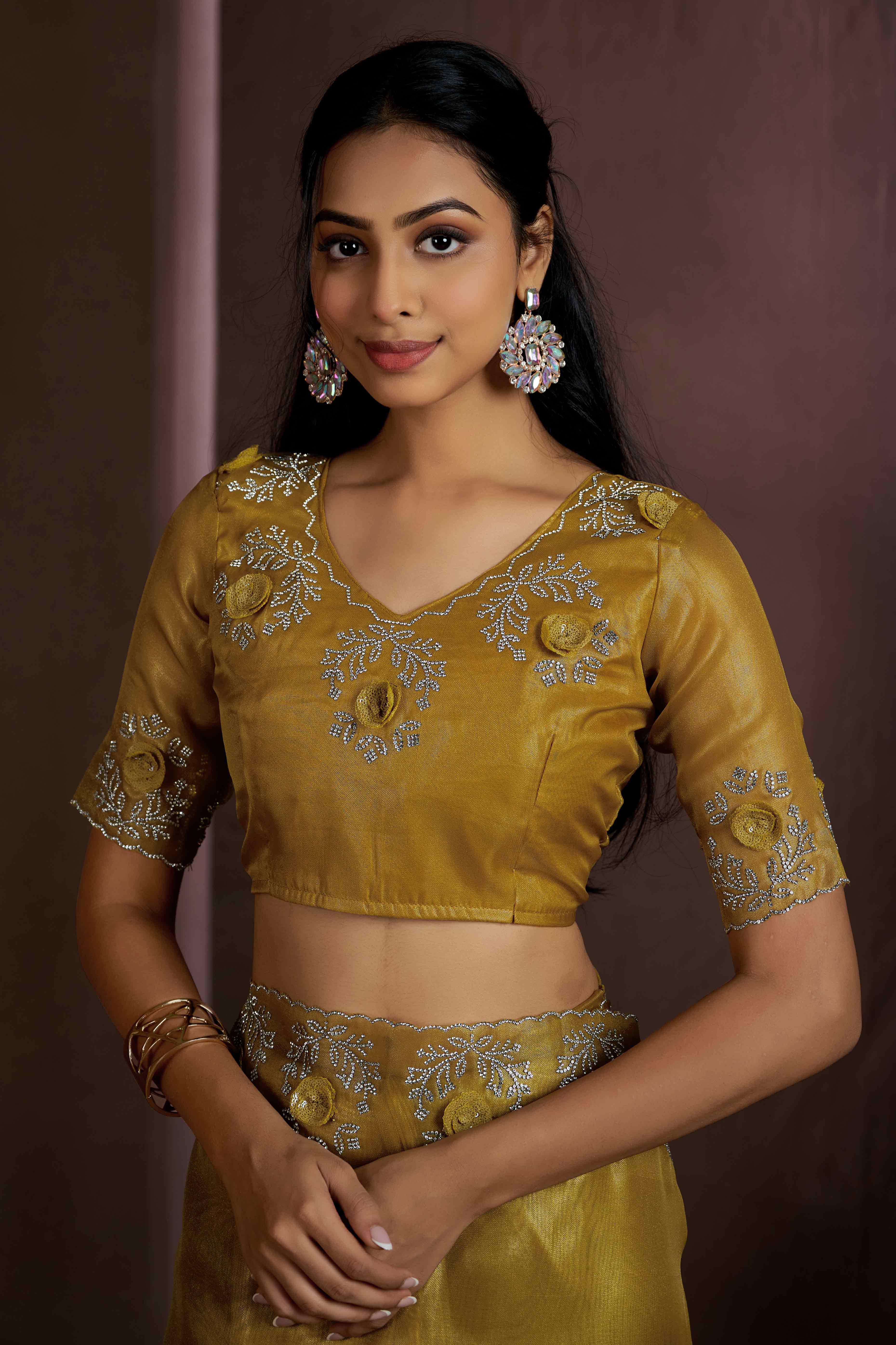 Mustard Floral Sequins With Zarkan Work Organza Saree