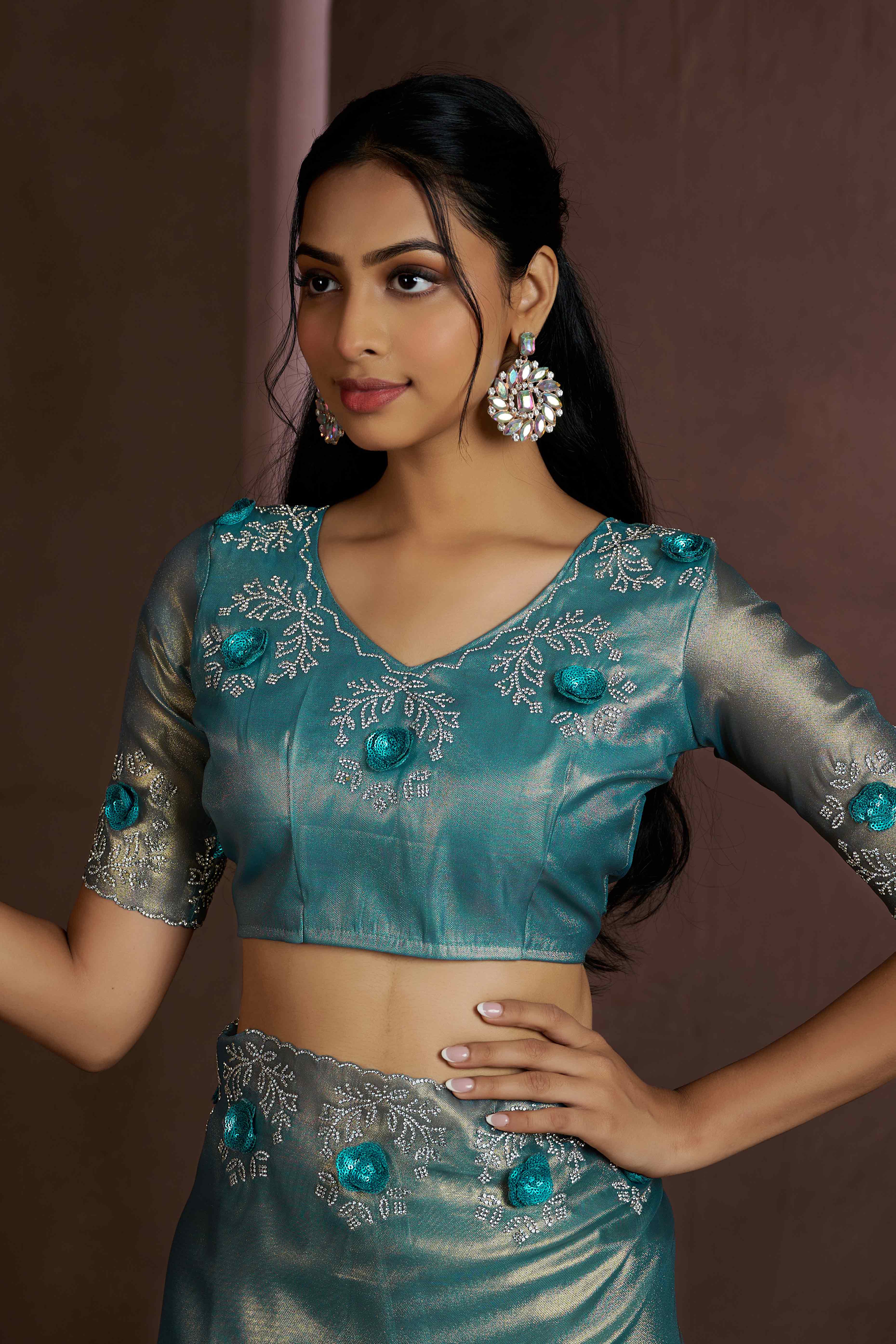 Blue Floral Sequins With Zarkan Work Organza Saree