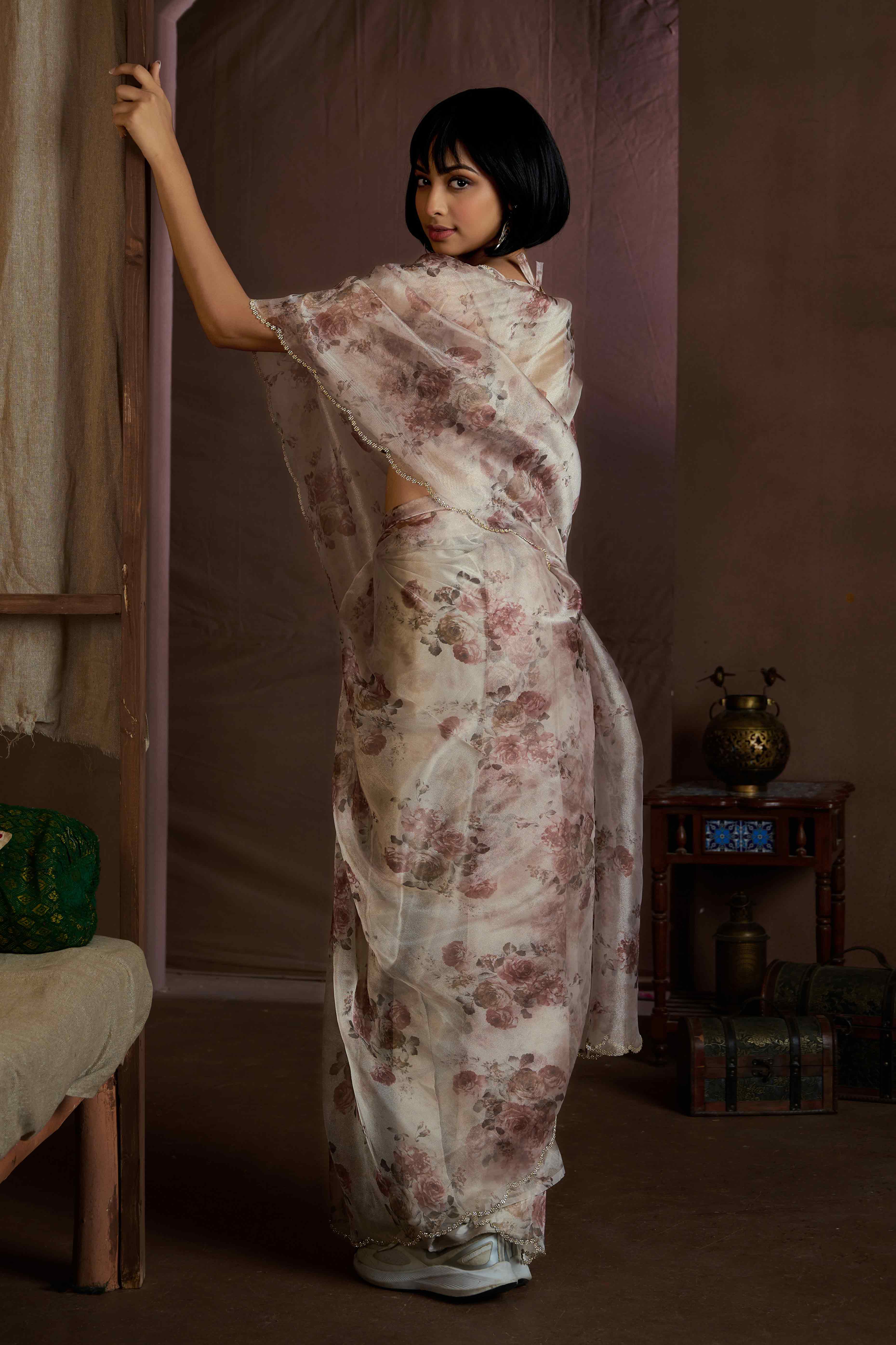 White Floral Printed Soft Organza Saree With Stone Work Border