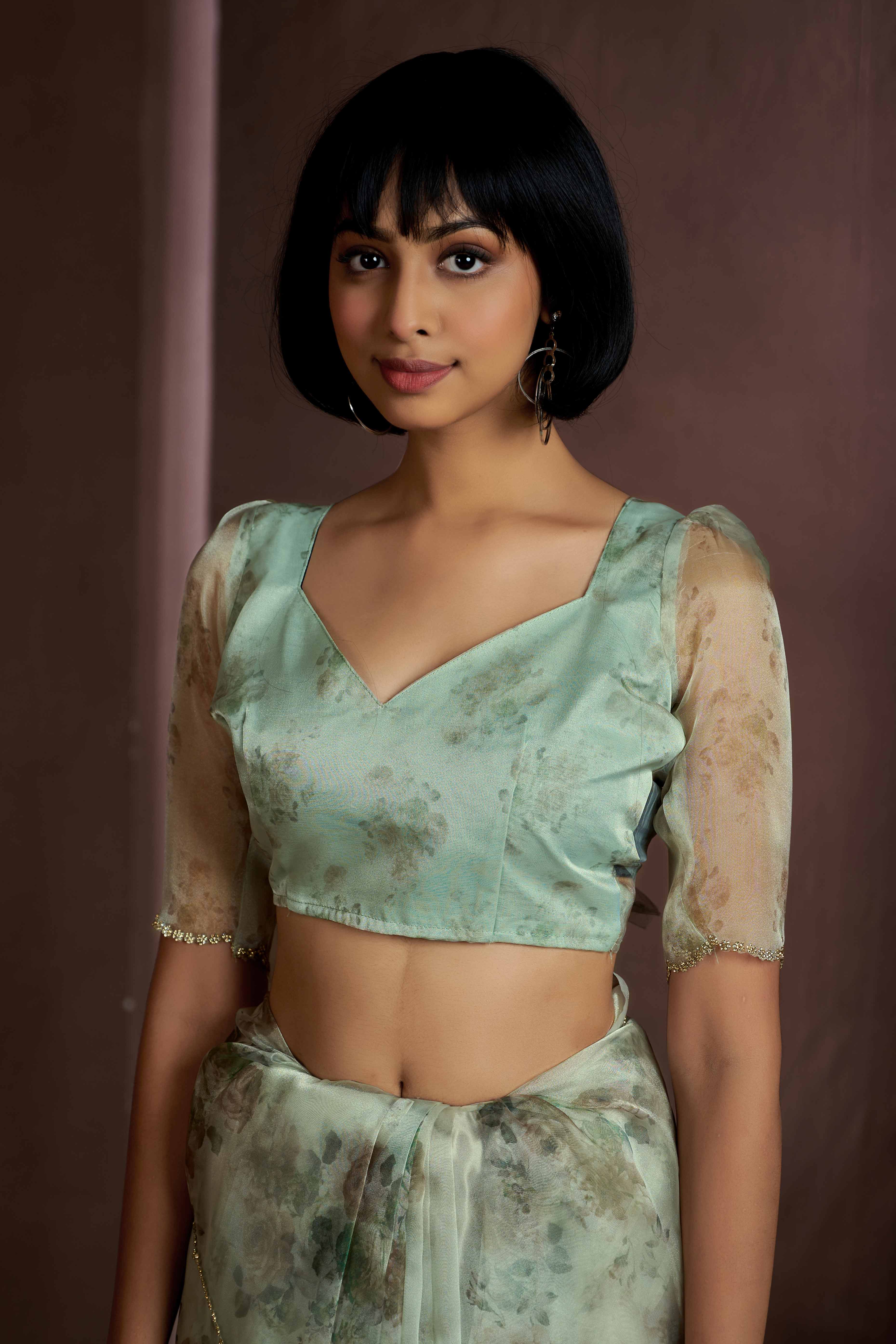 Sea Green Floral Printed Soft Organza Saree With Stone Work Border
