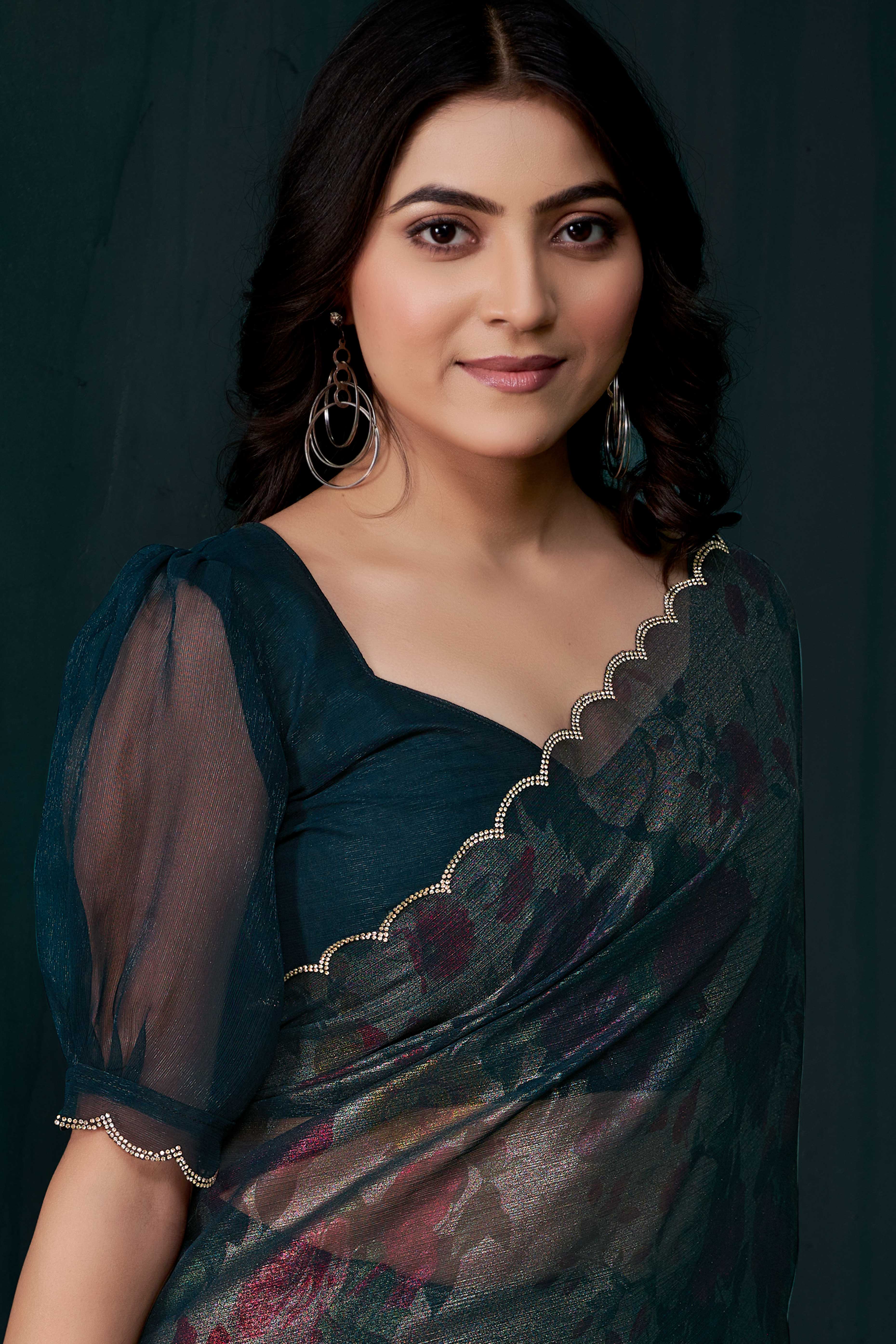 Teal Partywear Saree in Smooth Chiffon Silk with Contemporary Floral Prints