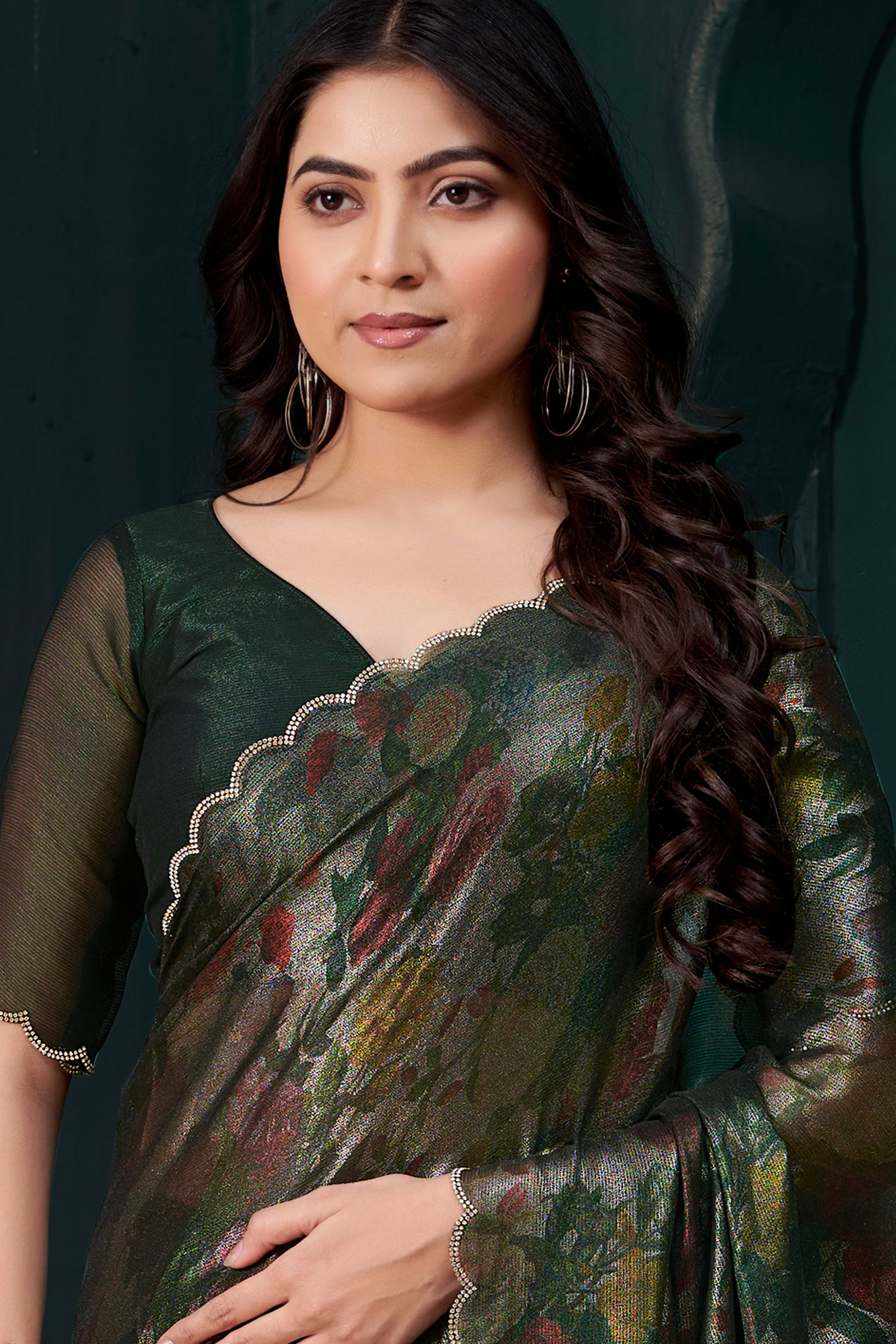 Bottle Green Partywear Saree in Smooth Chiffon Silk with Contemporary Floral Prints