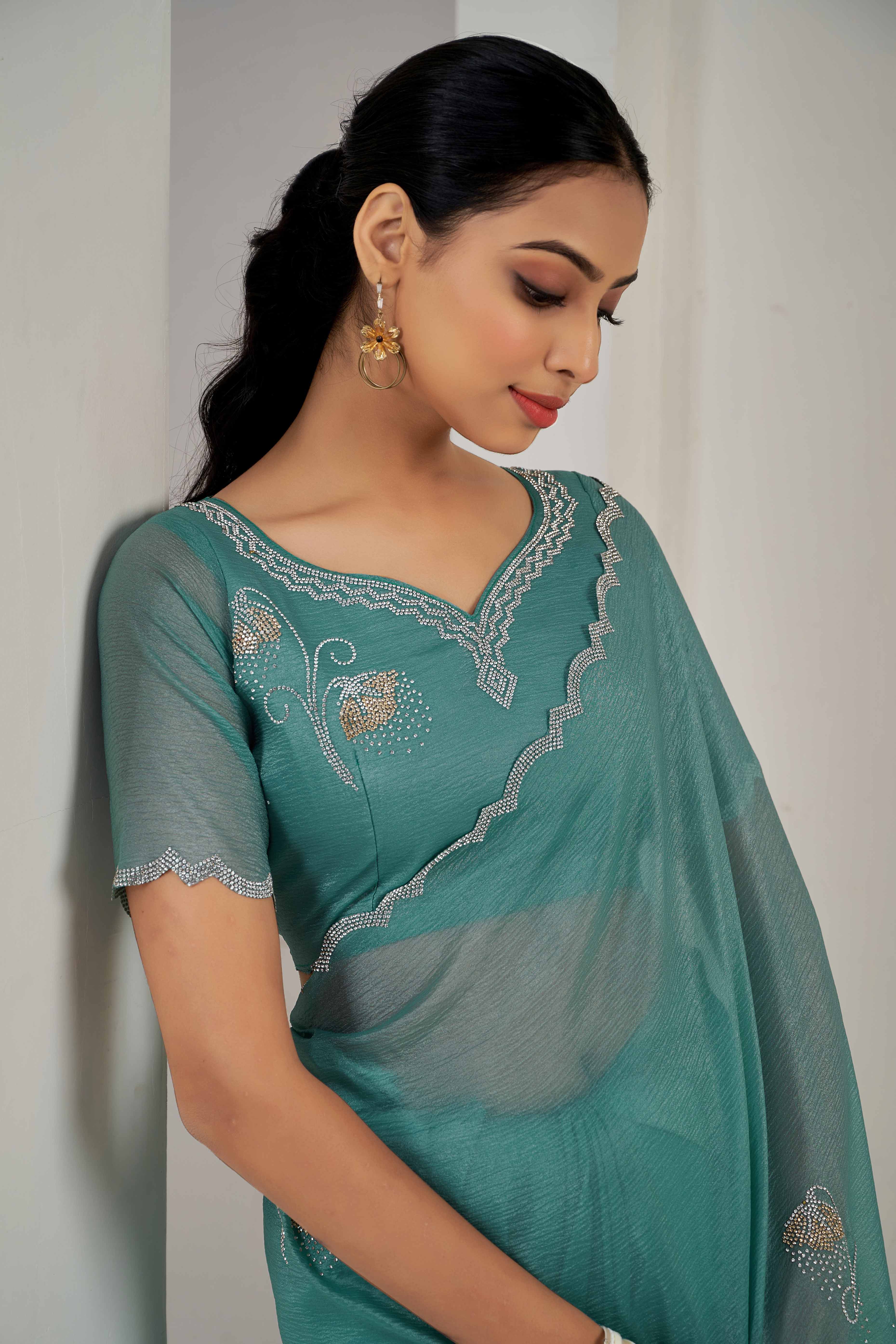 Teal Stone Work Embroidered Crepe Silk Saree