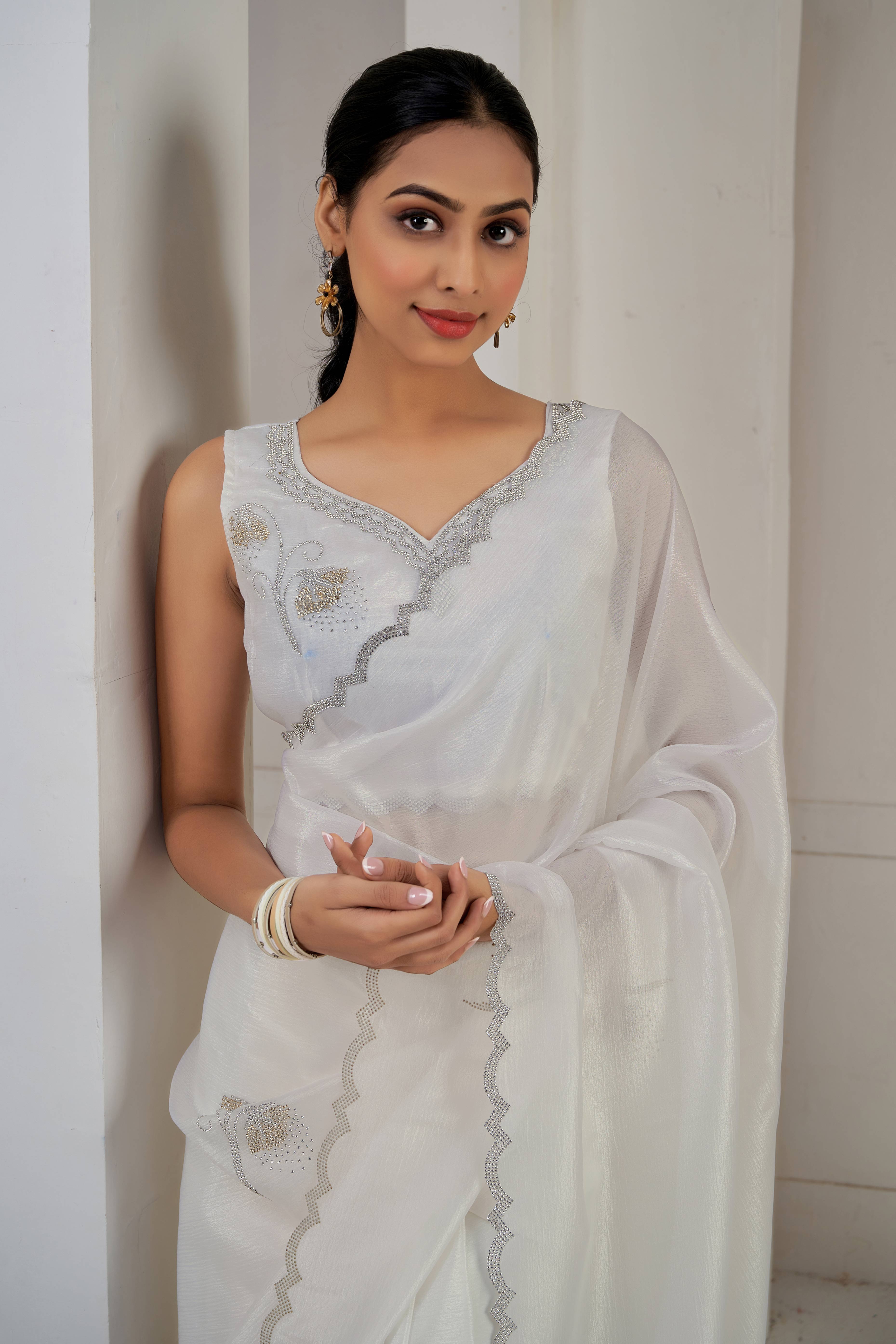 White Stone Work Embroidered Crepe Silk Saree