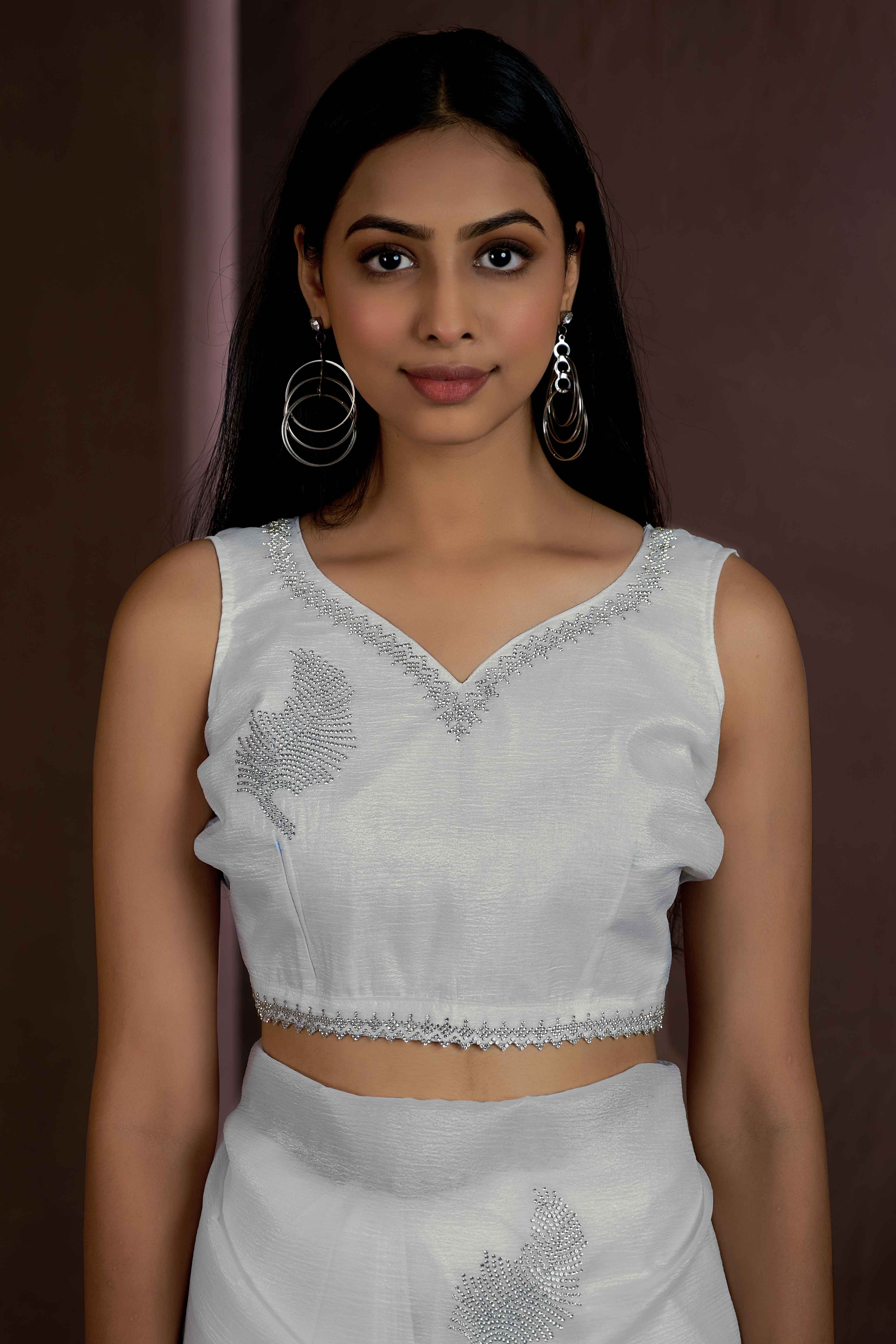 White Stone Work Embroidered Pure Silk Saree