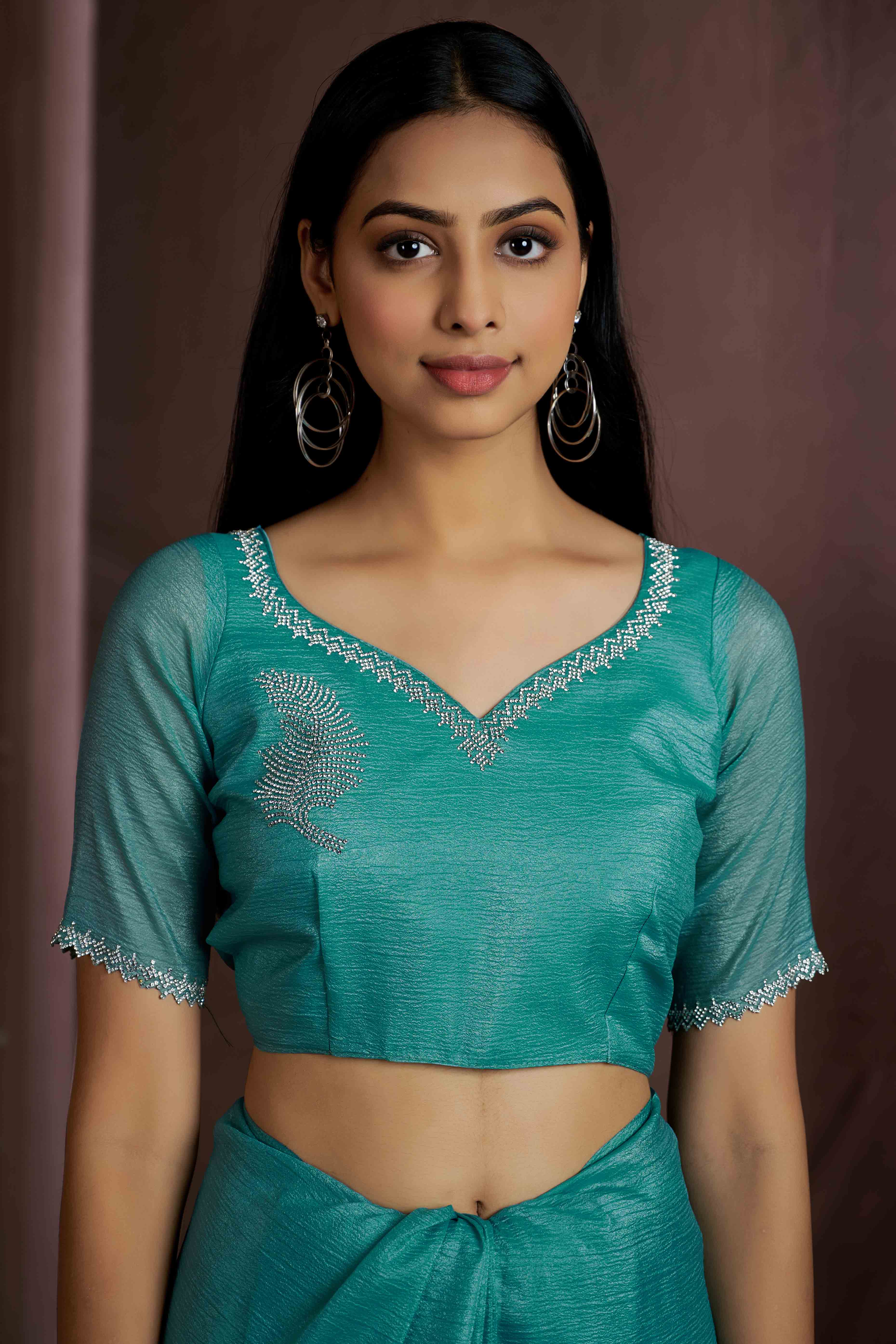 Teal Stone Work Embroidered Pure Silk Saree