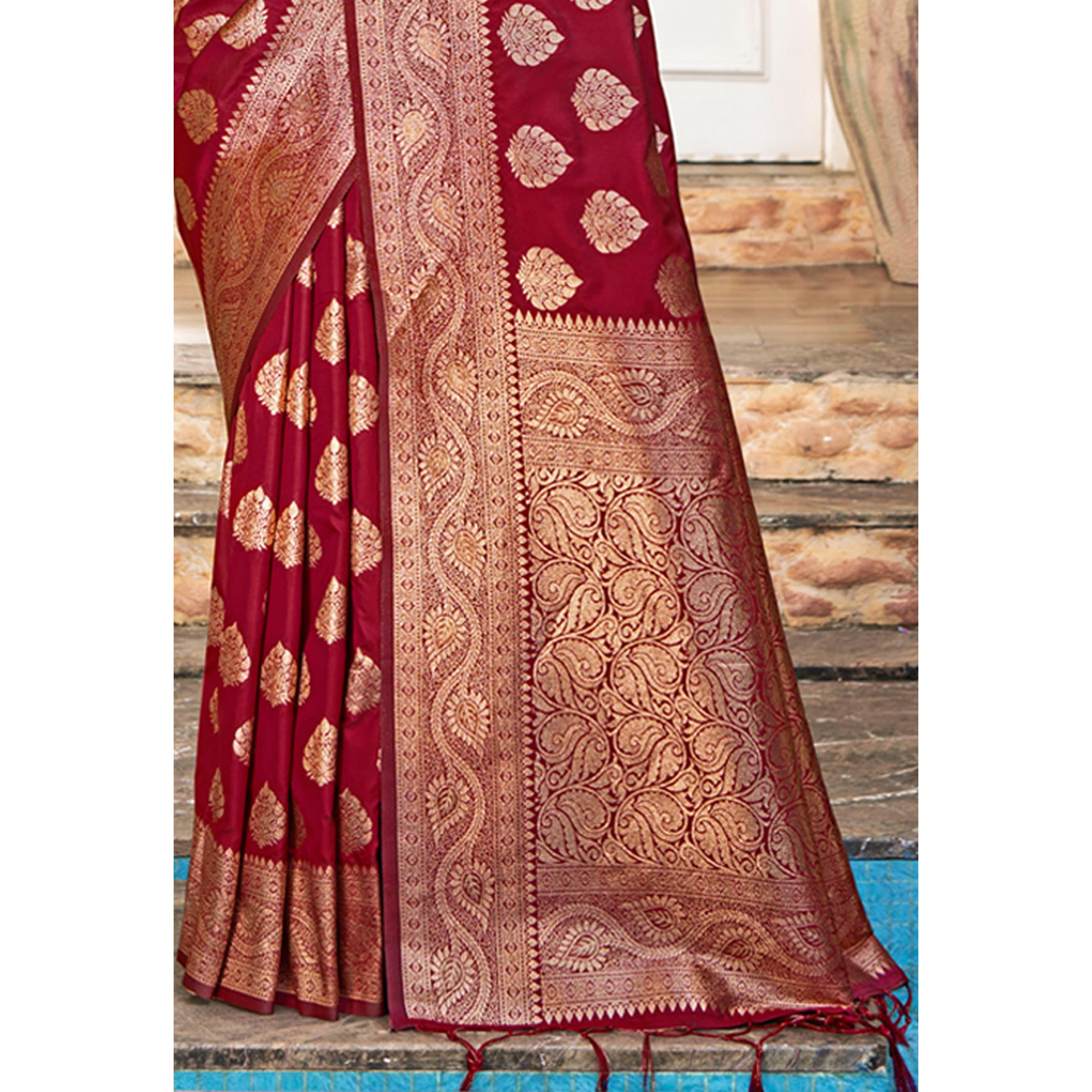 Red Floral Woven Banarasi Silk Saree