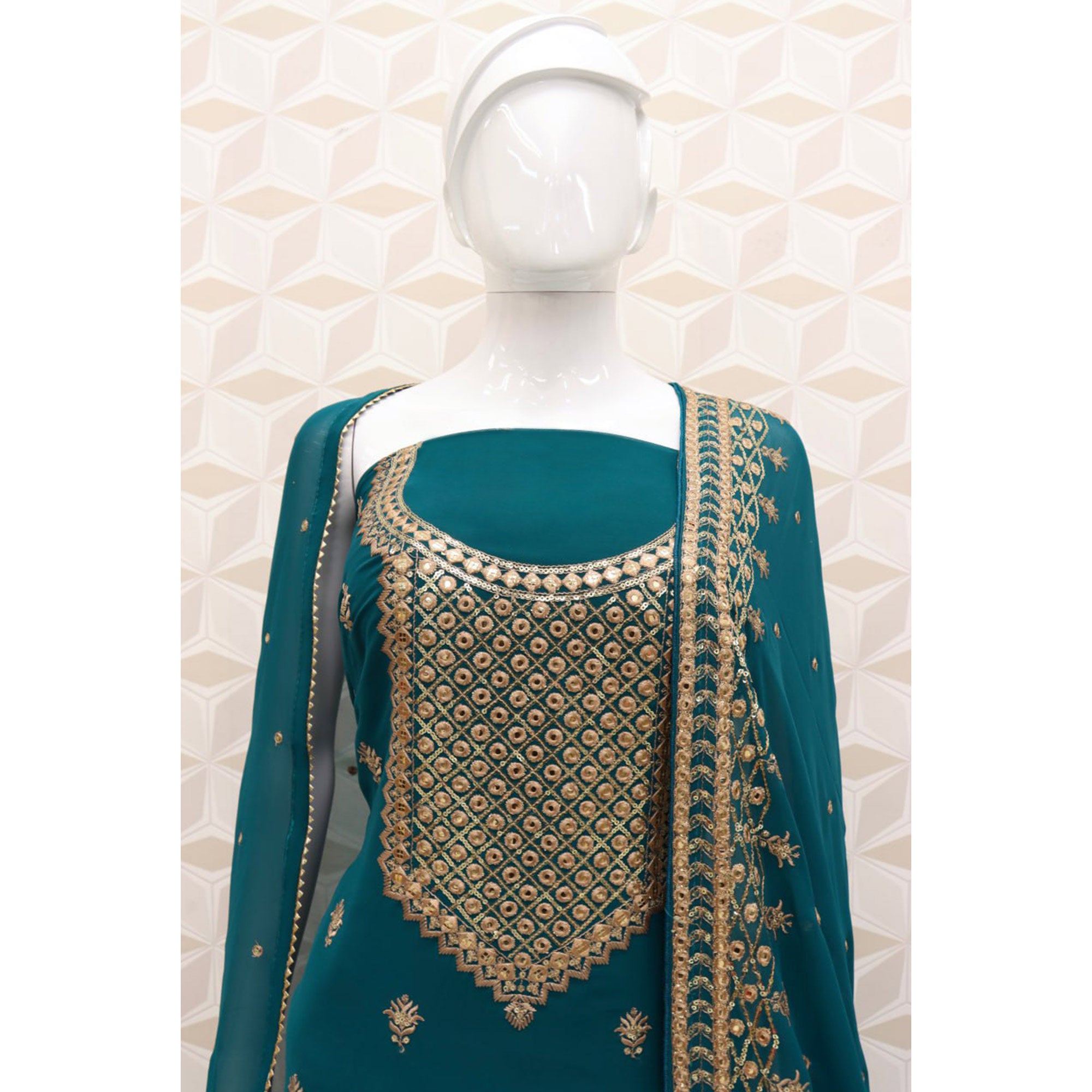 Teal Floral Embroidered Georgette Semi Stitched Dress Material