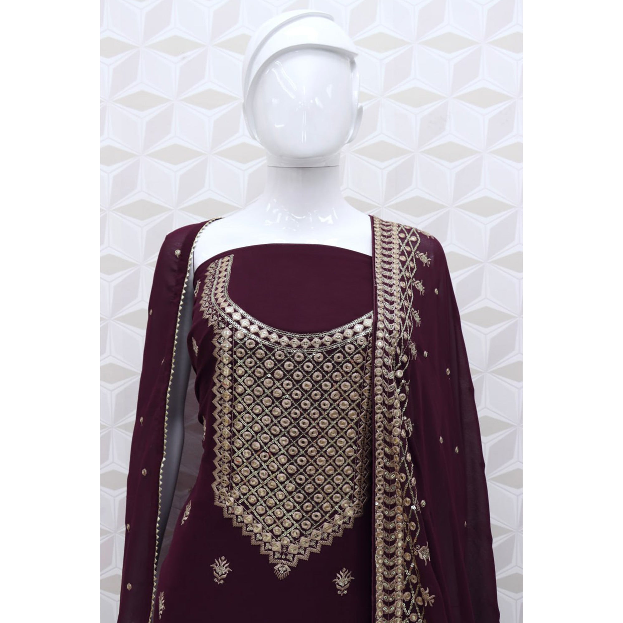 Wine Floral Embroidered Georgette Semi Stitched Dress Material