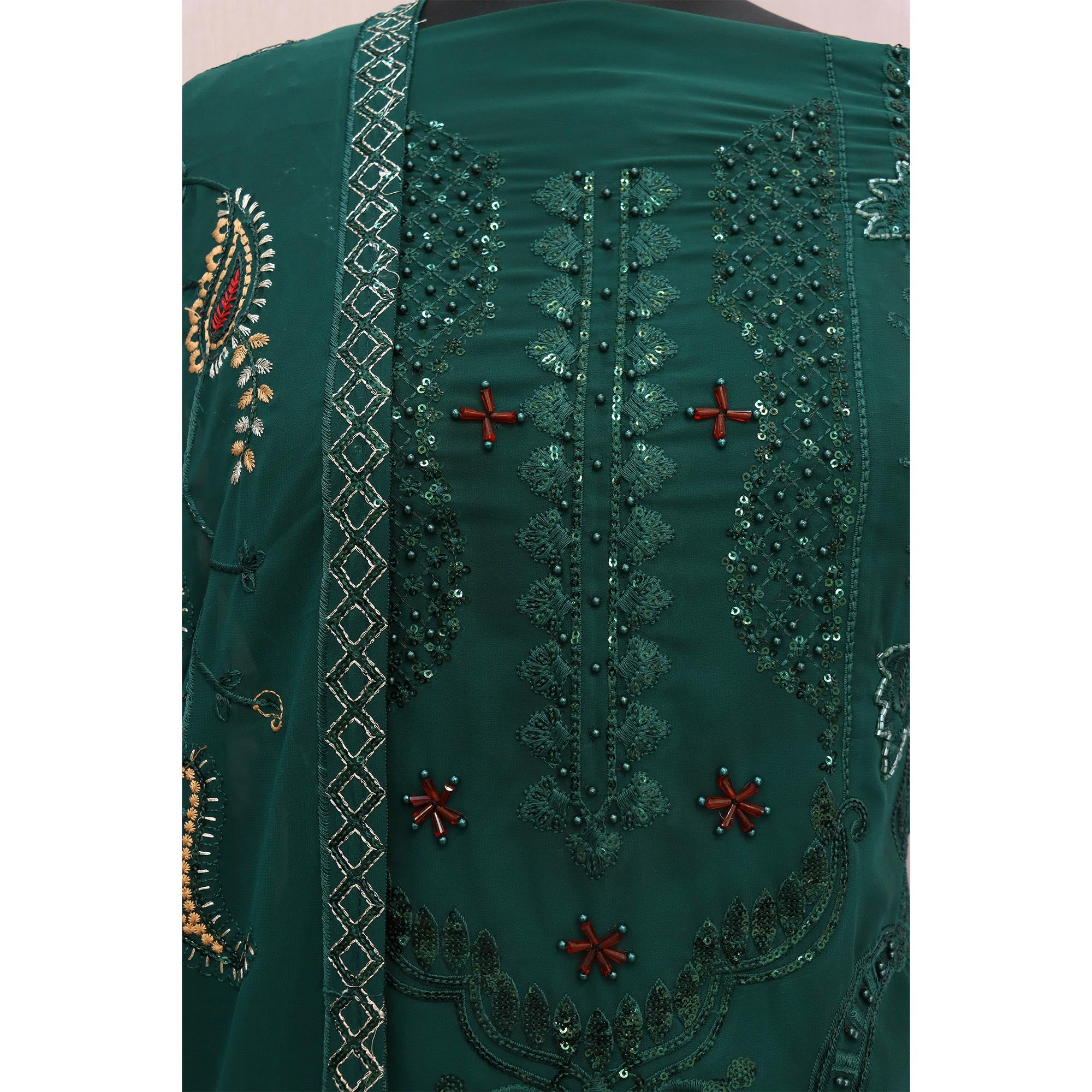 Green Heavy Embroidered Work Georgette Dress Material