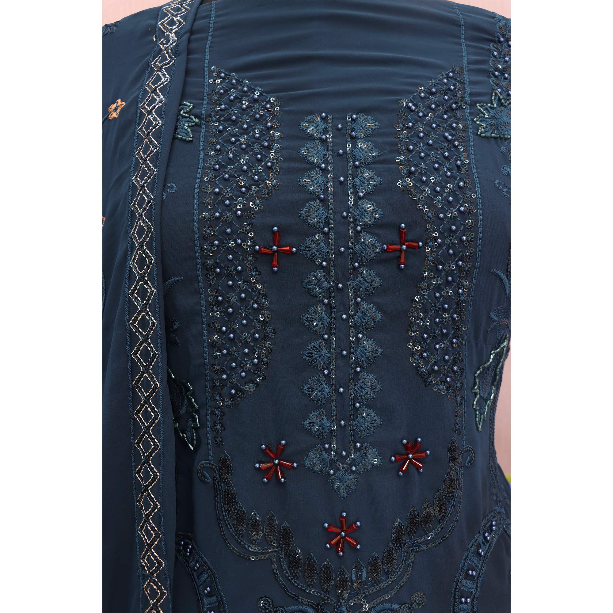 Teal Heavy Embroidered Work Georgette Dress Material