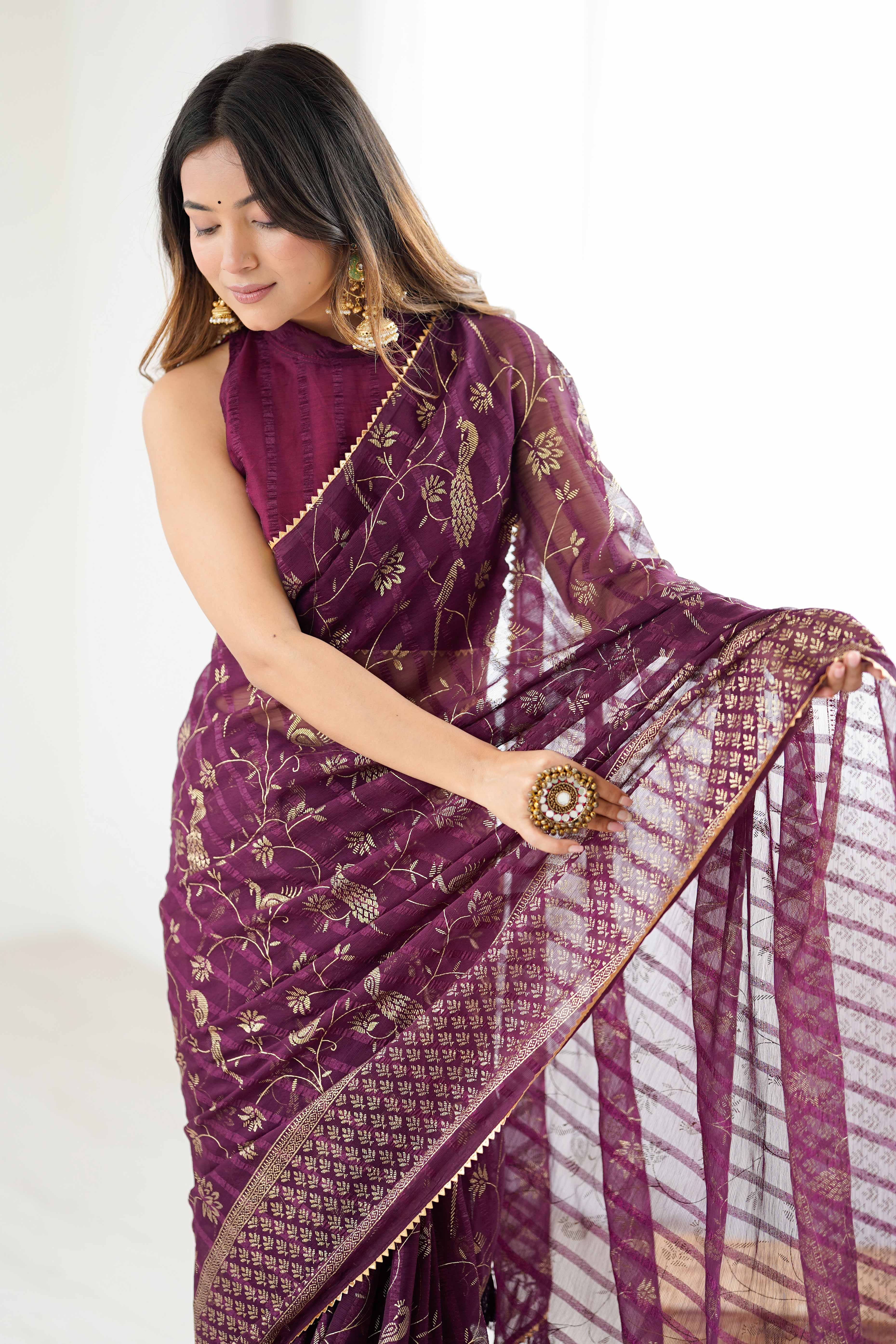 Wine Georgette Saree with Shimmering Foil Print & Gota Patti Border