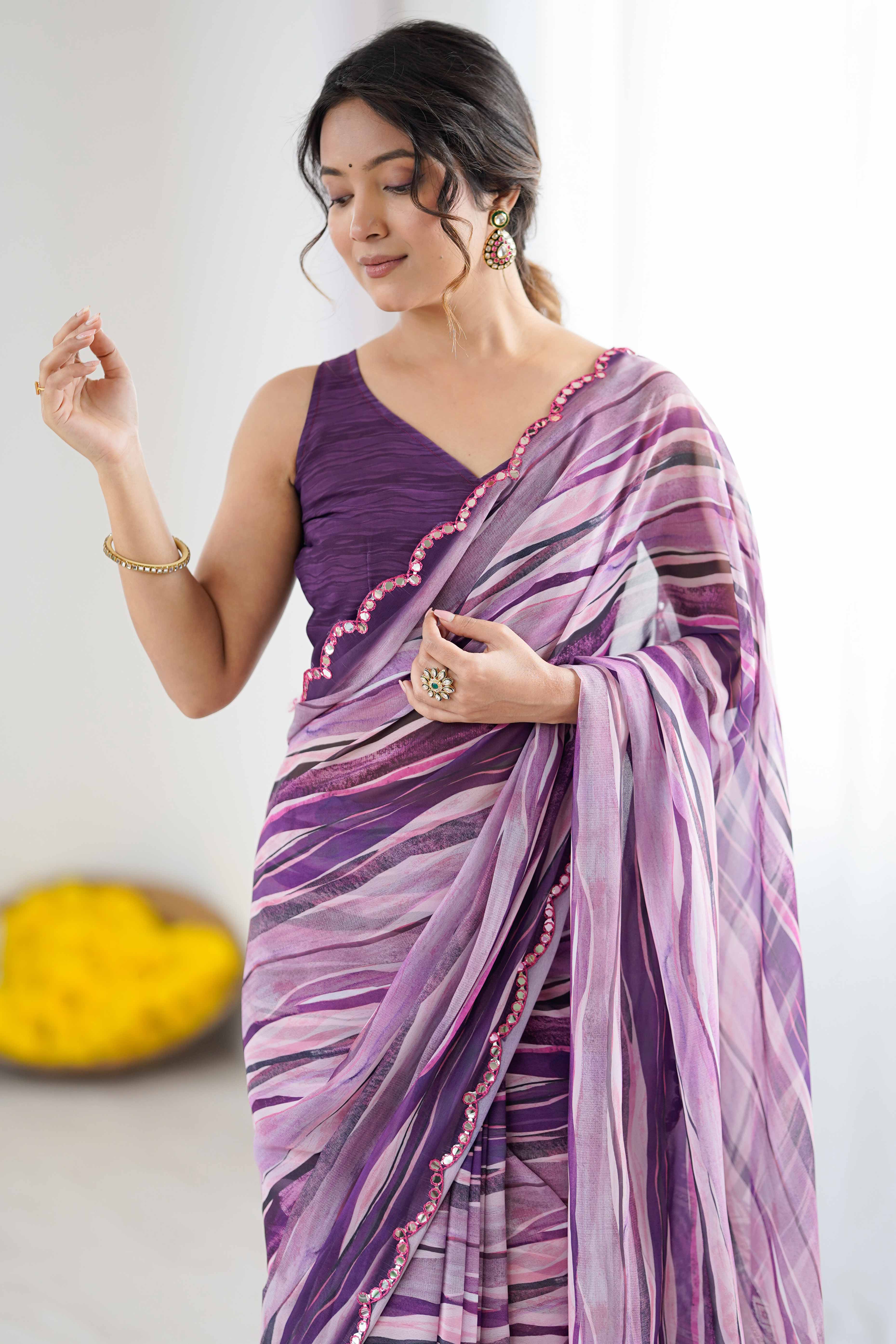 Purple Georgette Saree Featuring Digital Print & Mirror Embroidery Border