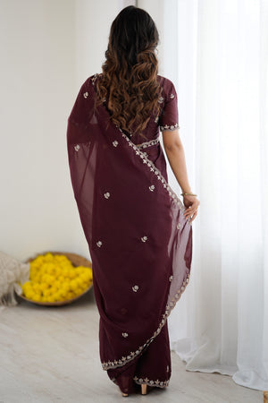 Brown Partywear Star Georgette Saree Adorned with Floral Embroidery and Beads Work