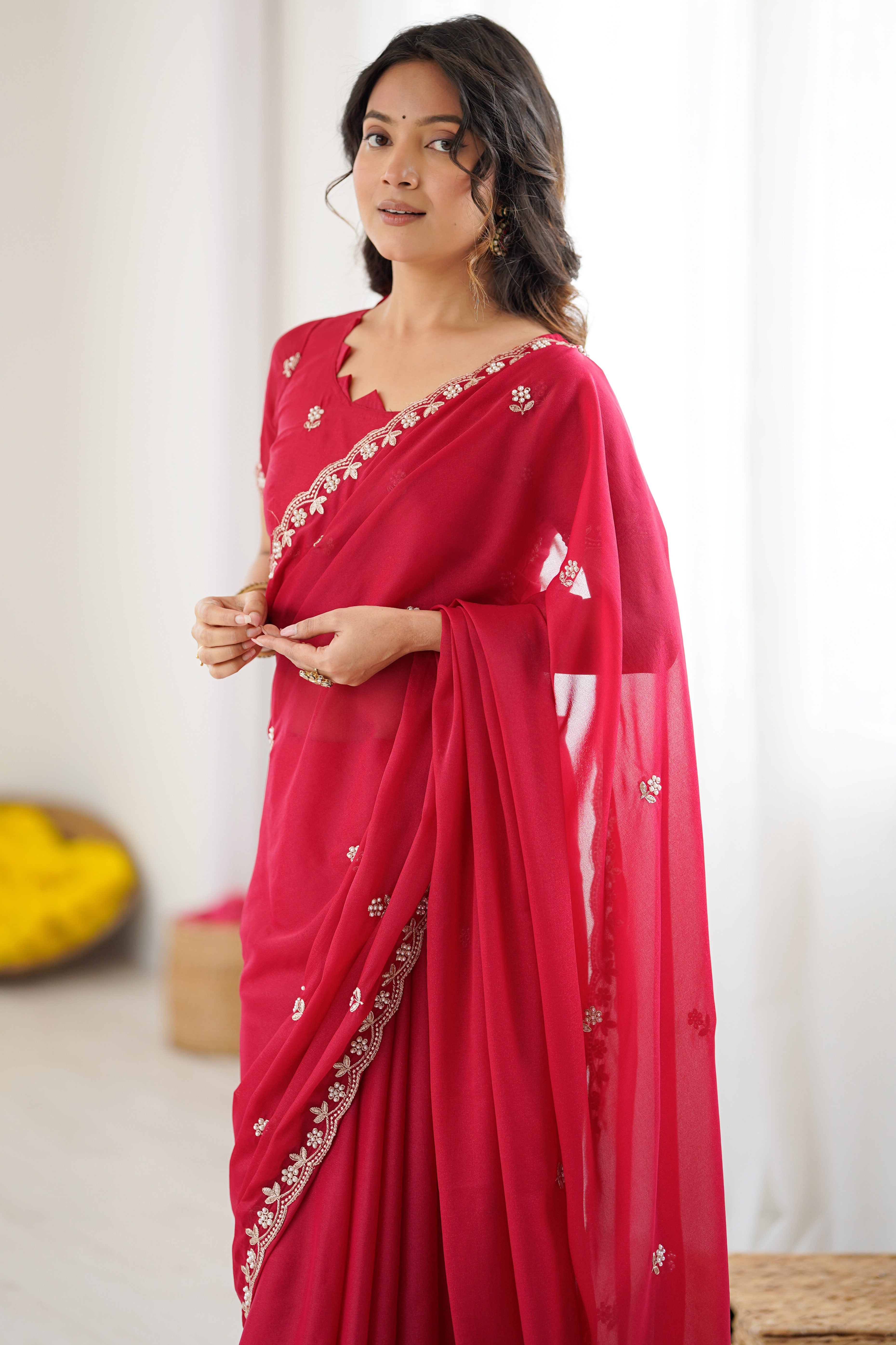 Pink Partywear Star Georgette Saree Adorned with Floral Embroidery and Beads Work