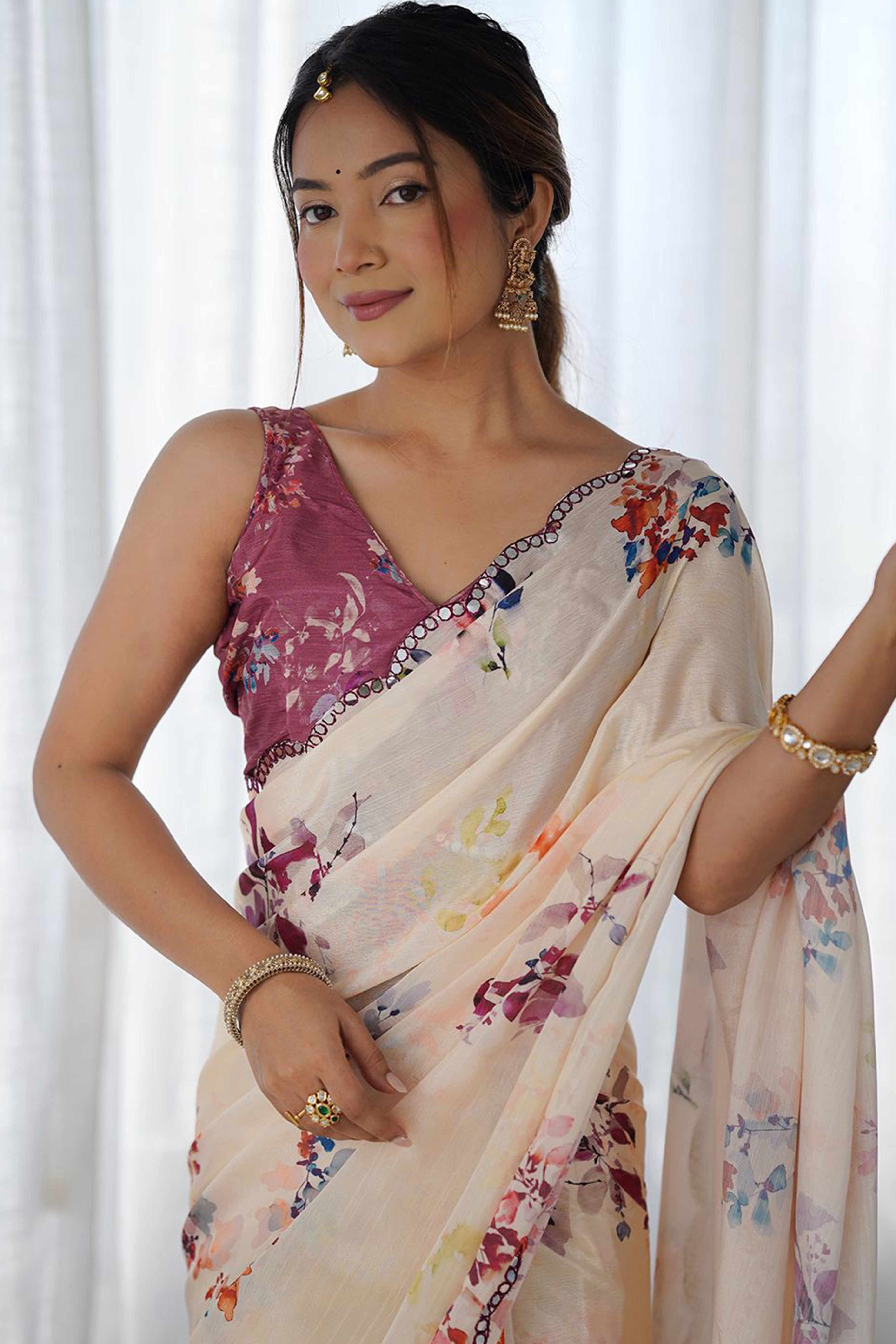 Cream Floral Digital Print Georgette Saree Enhanced With A Sparkling Lace Border