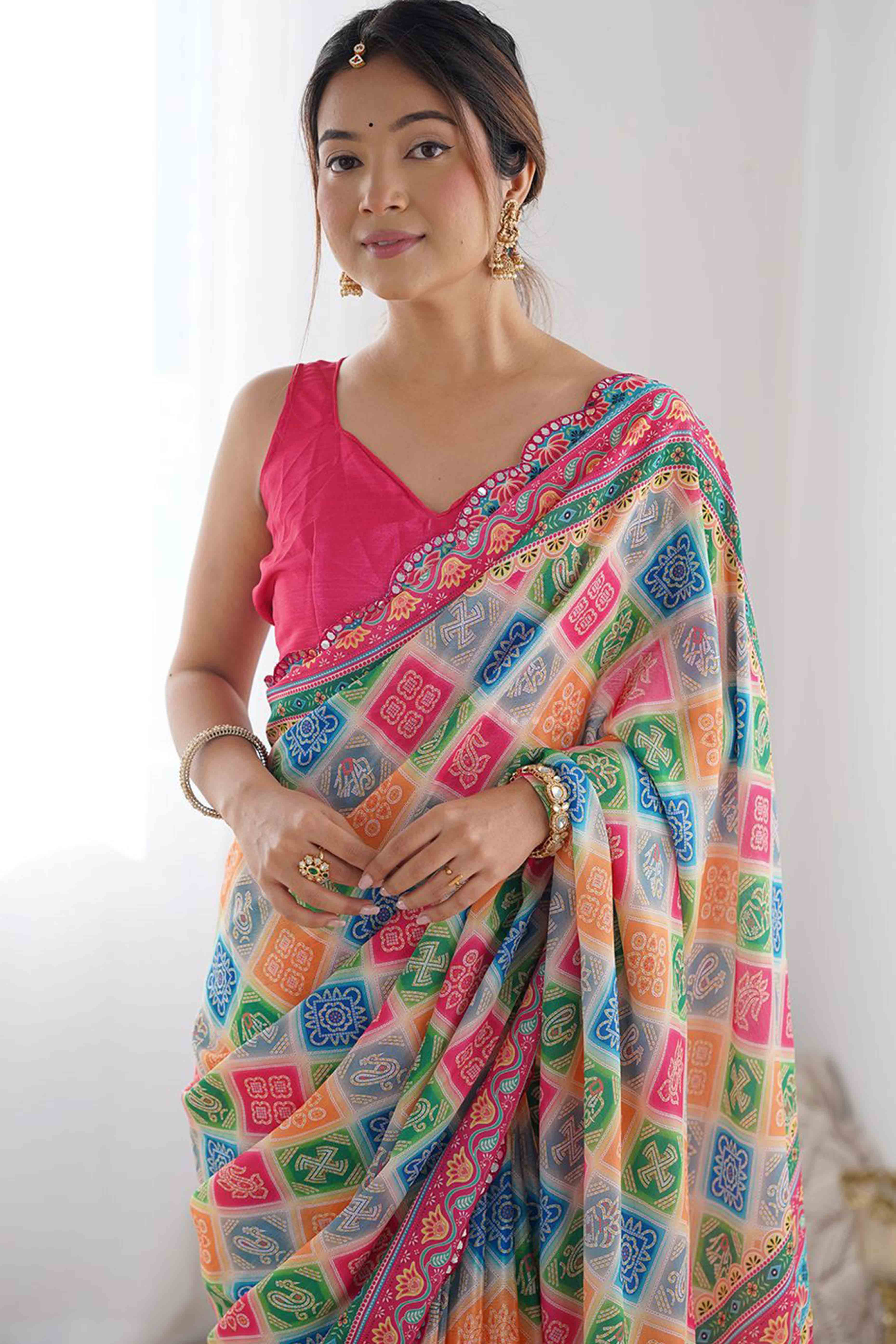 Multicolor Digital Print Georgette Saree Enhanced With A Sparkling Lace Border