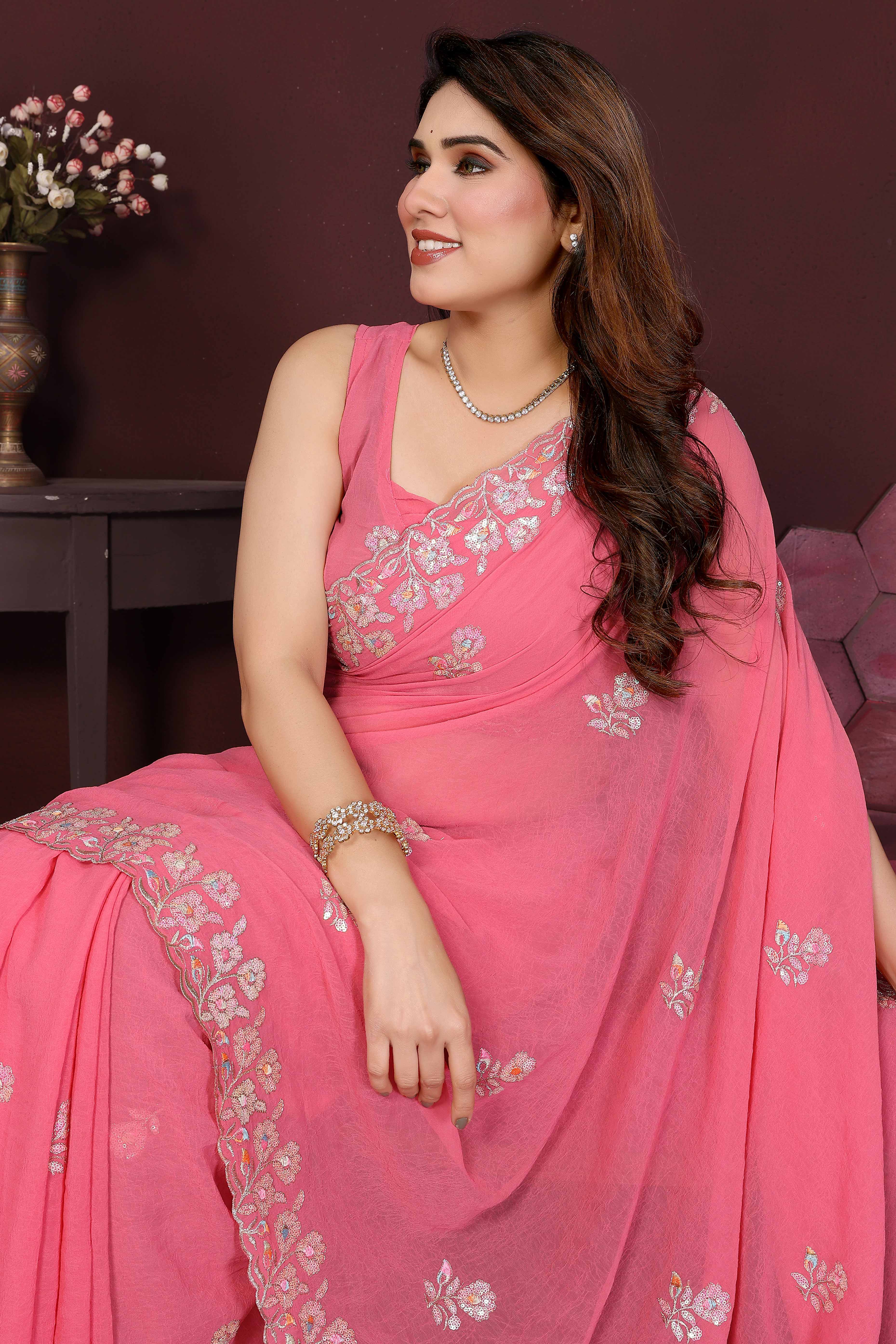 Gajari Pink Georgette Saree Featuring Intricate Floral Sequin Embroidery