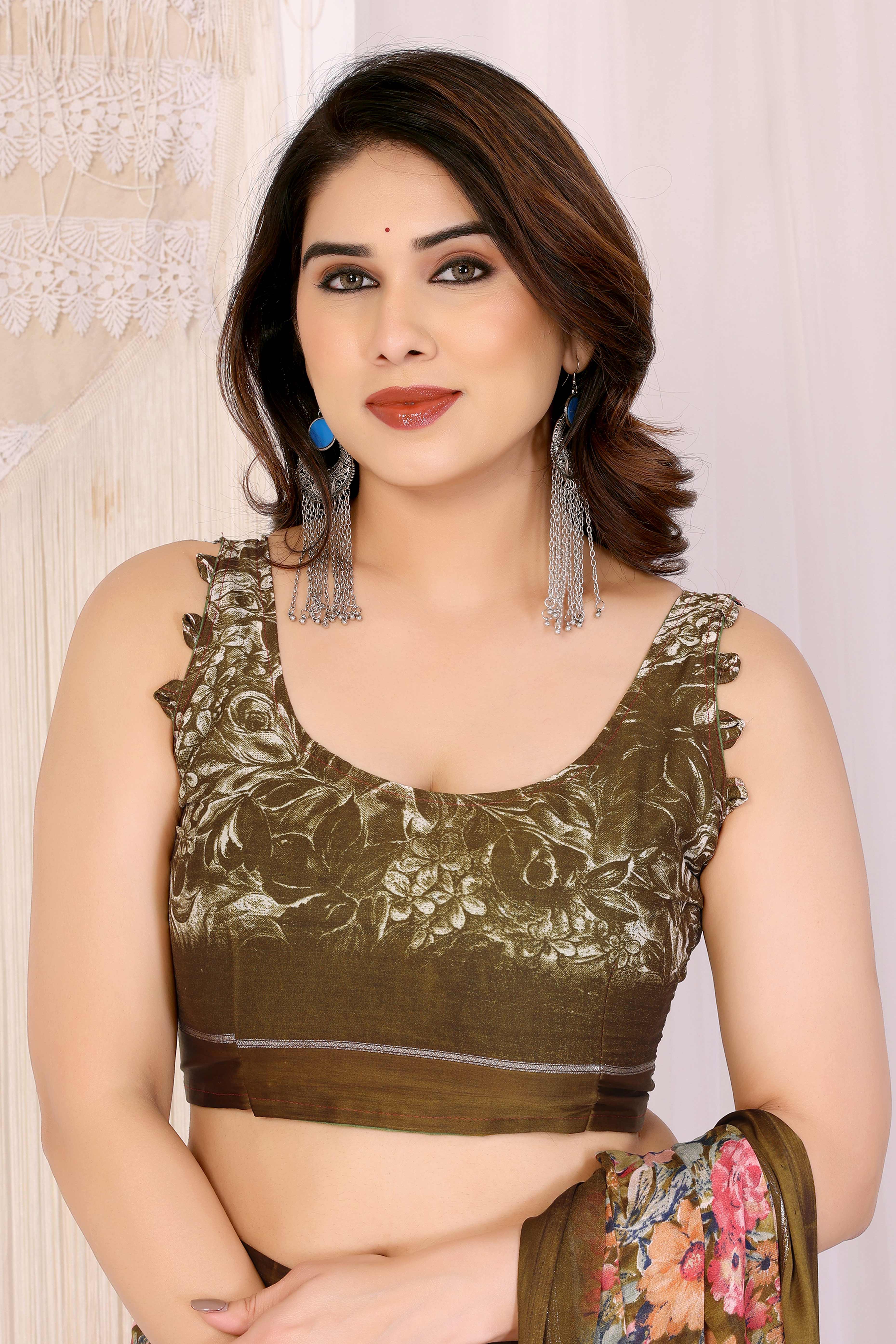 Dark Olive Moss Satin Saree With Blooming Floral Print Design