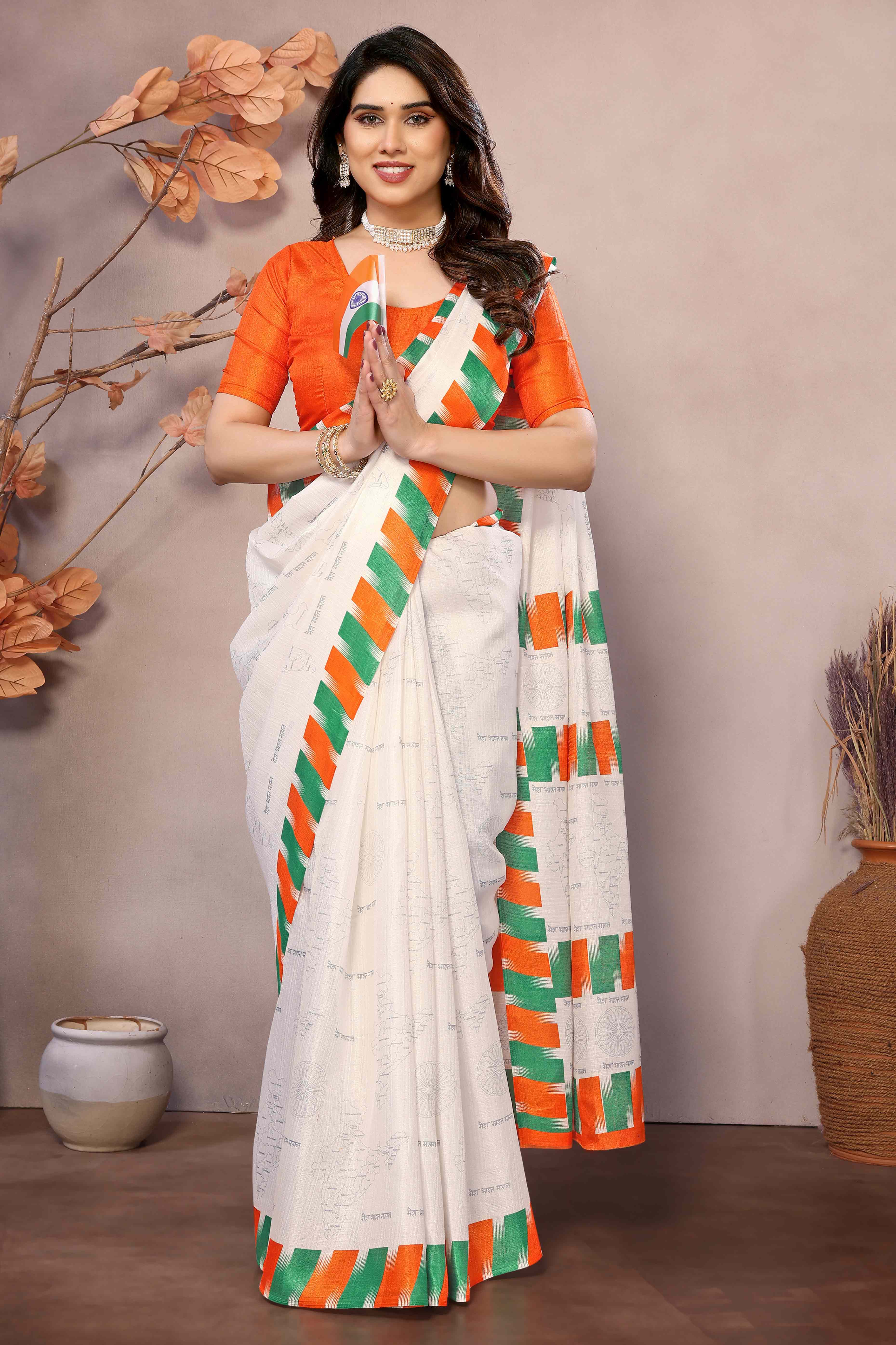 White Tiranga Printed khaadi Saree
