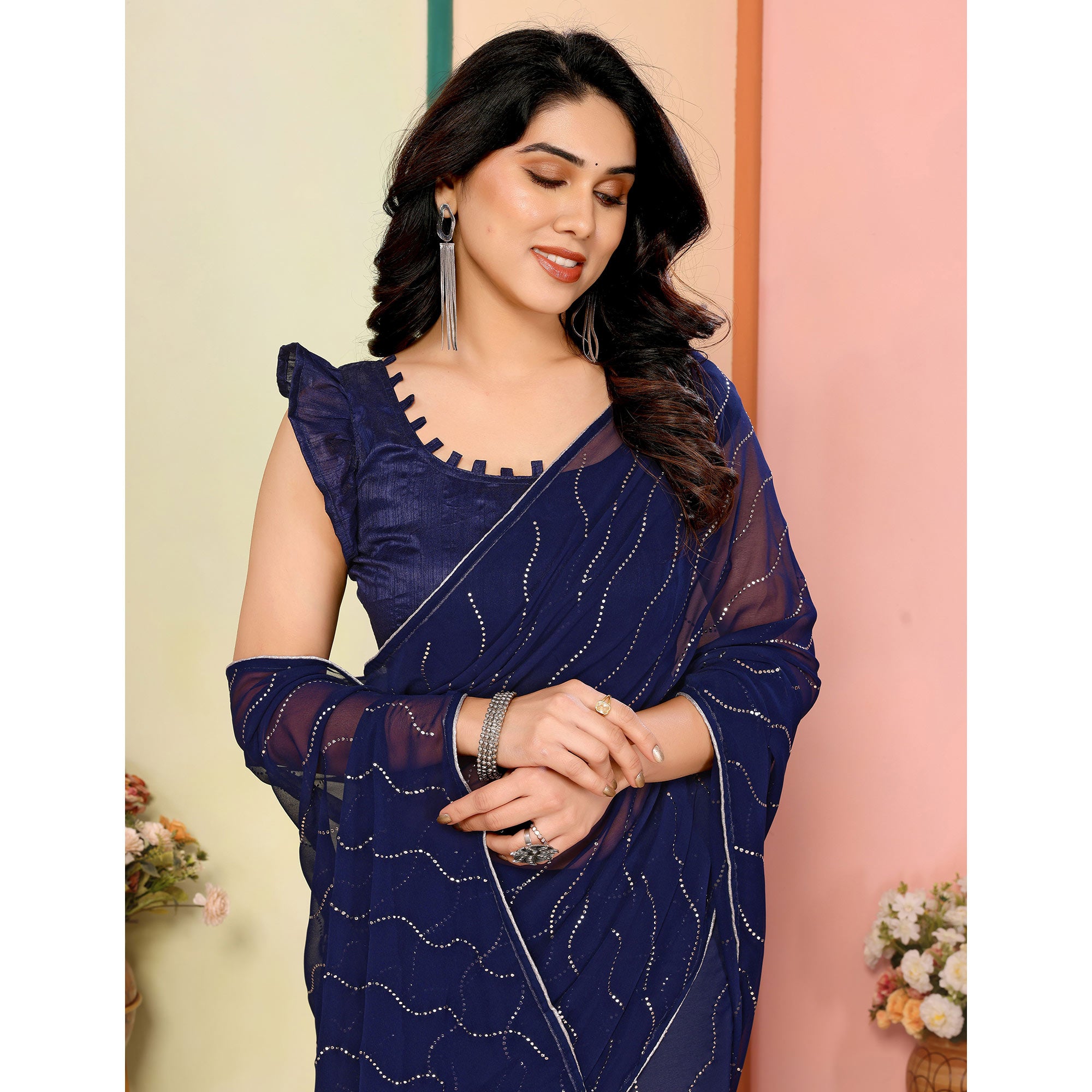 Navy Blue Swarovski Work Embroidered Georgette Saree