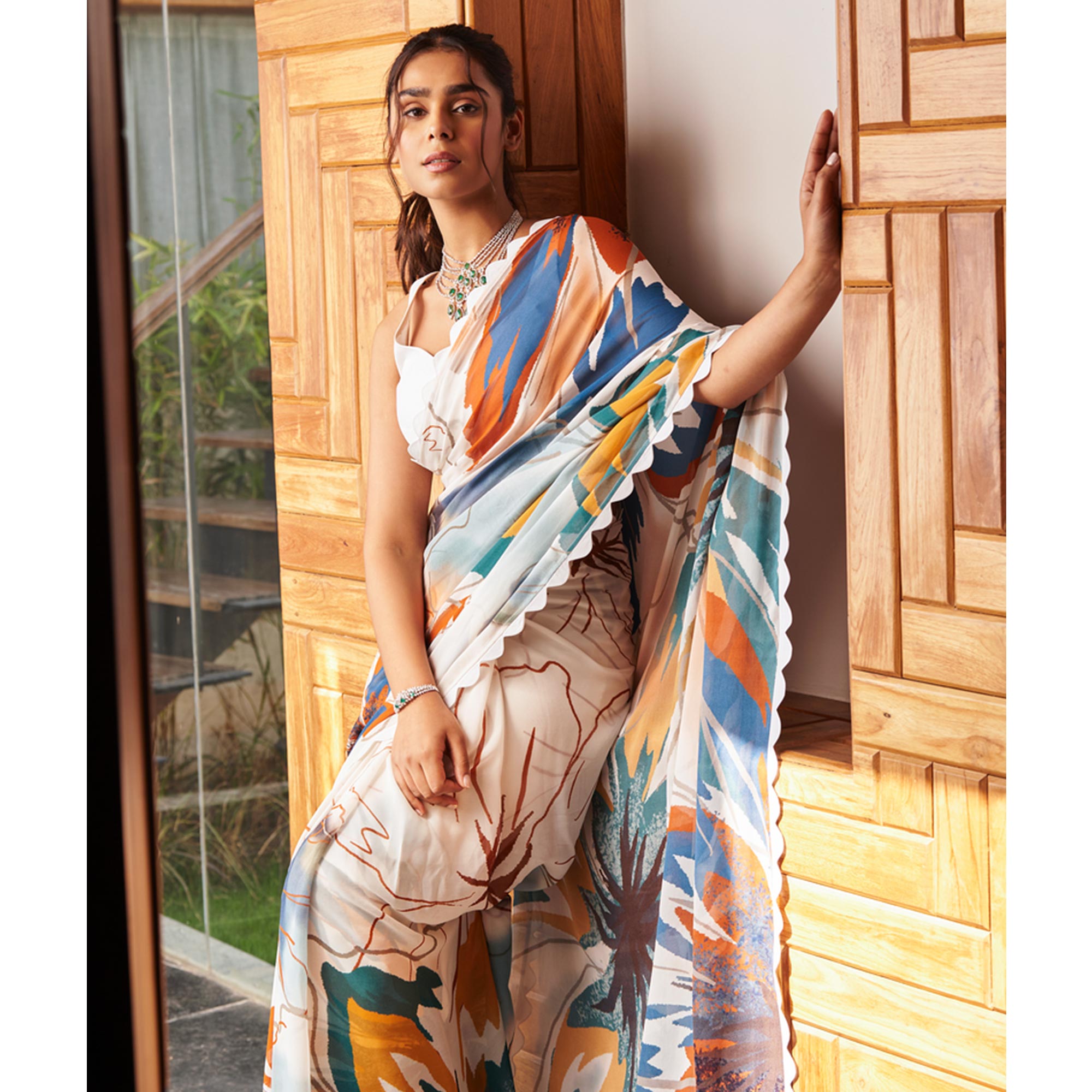 Off white Printed Moss Satin Saree