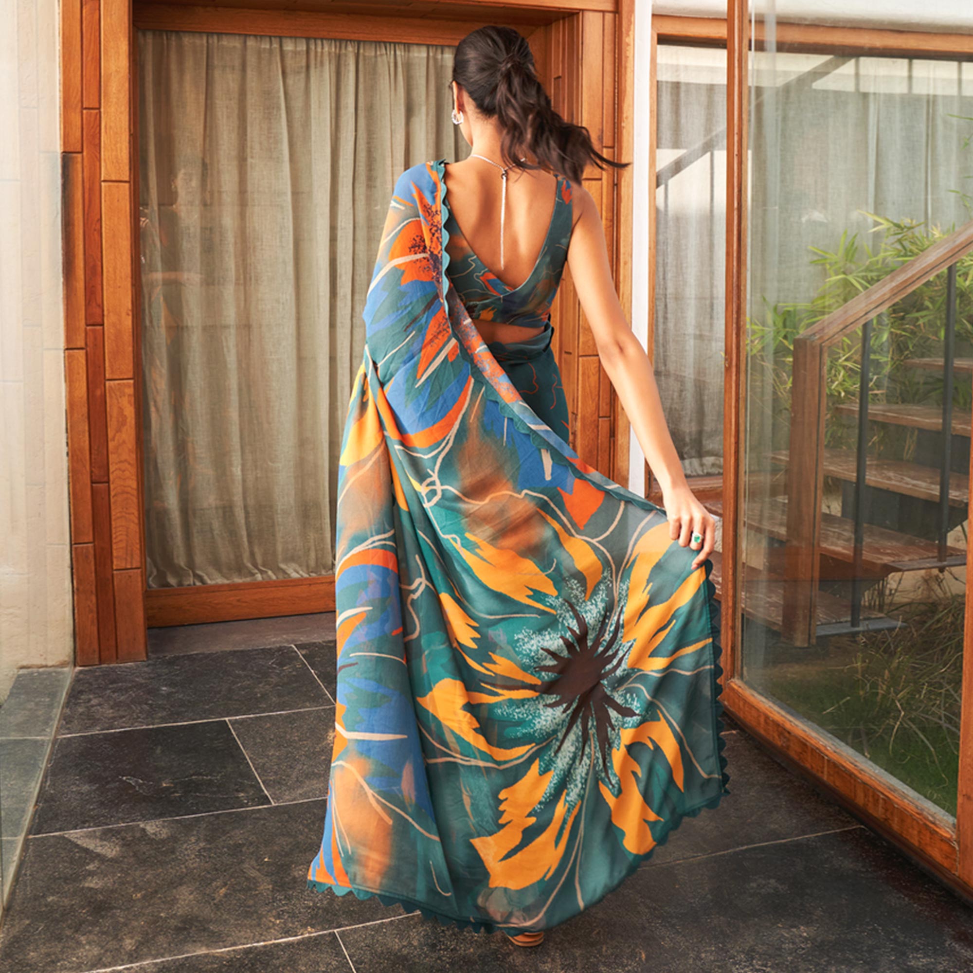 Teal Printed Moss Satin Saree