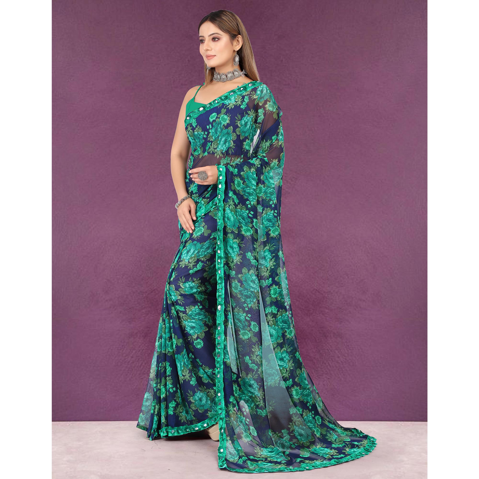 Blue Floral Printed Georgette Saree