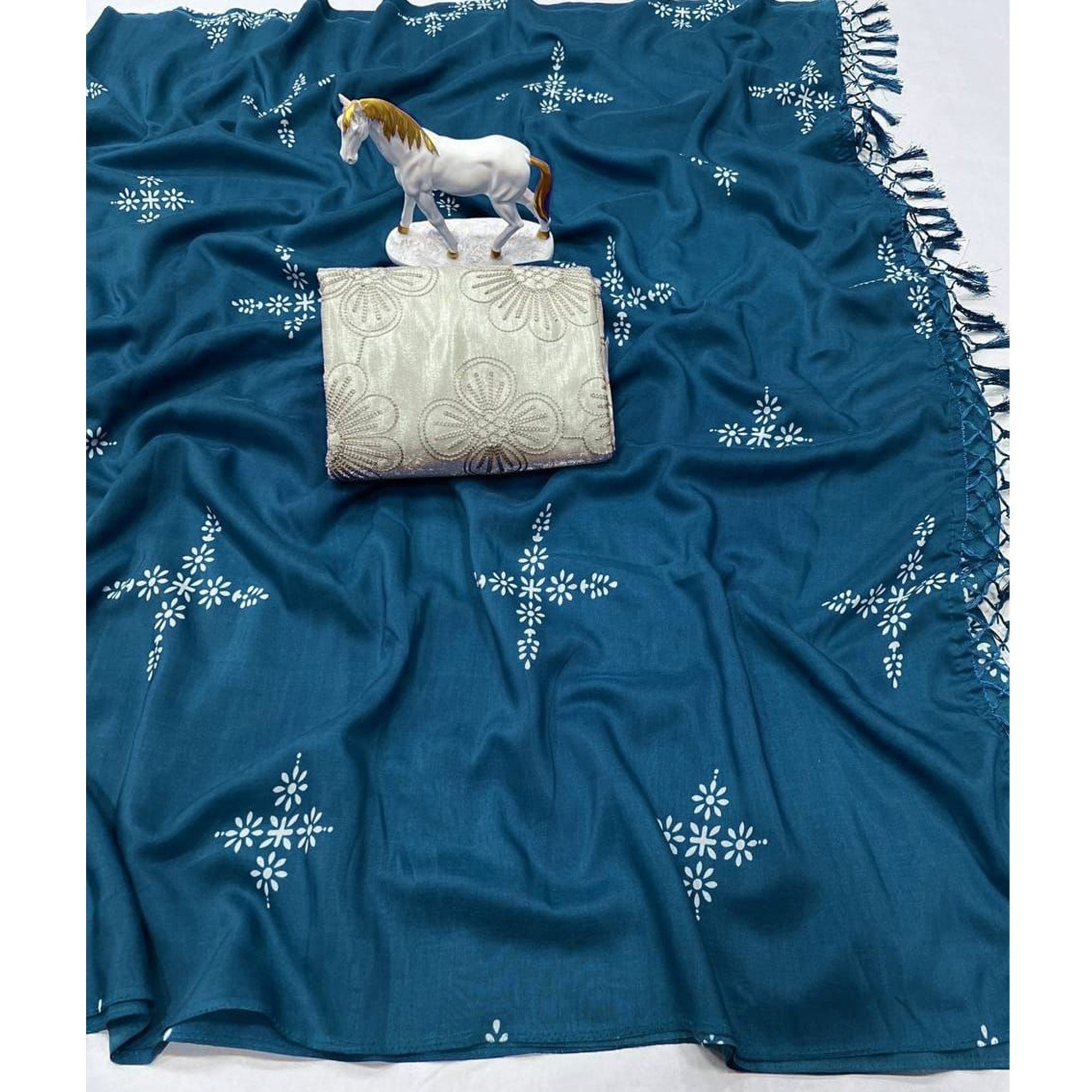 Teal Blue Floral Printed Muslin Saree With Tassels