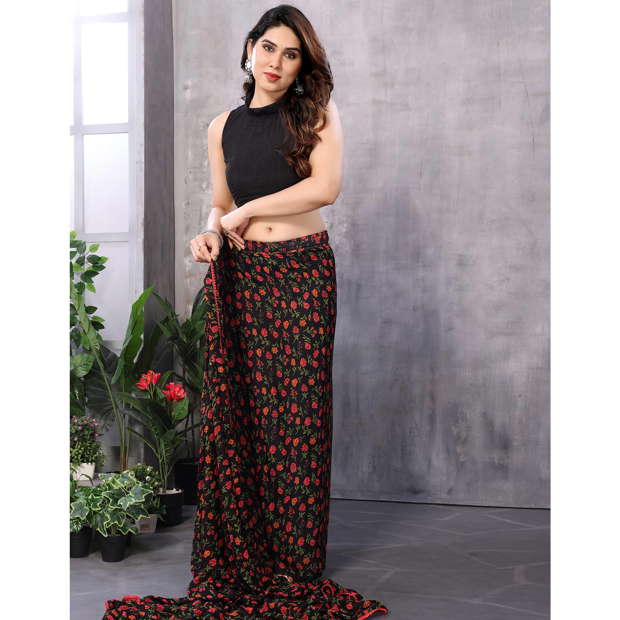 Black Floral Printed Georgette Ready To Wear Saree