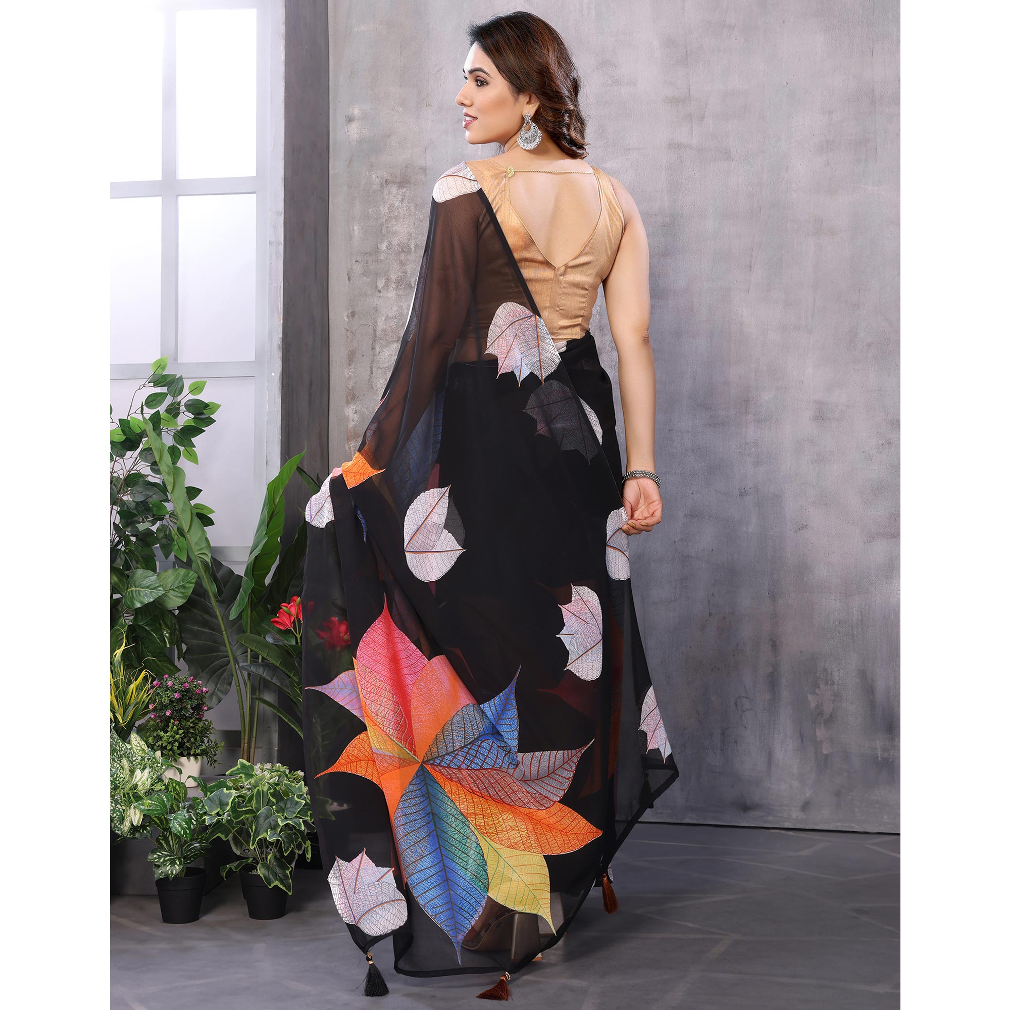 Black Printed Georgette Ready To Wear Saree