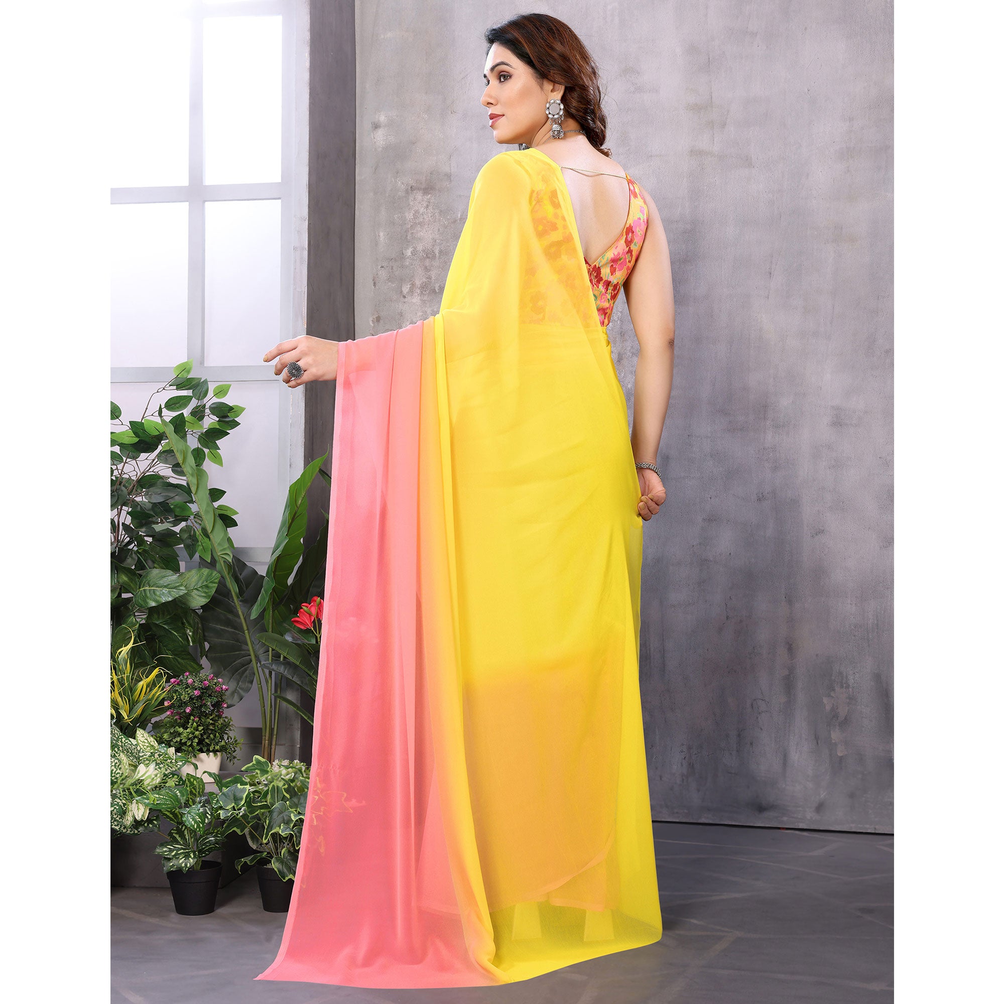 Yellow & Pink Ombre Printed Georgette Ready To Wear Saree