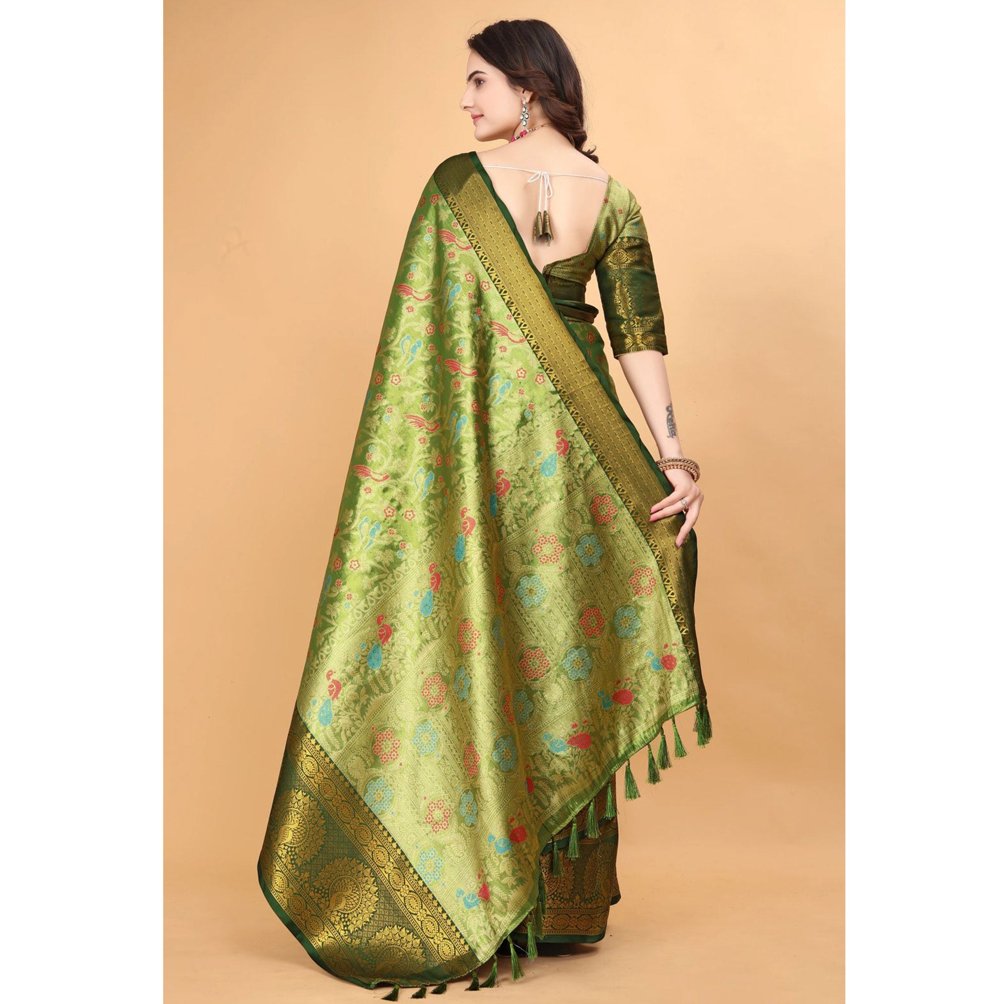 Green Floral Woven Tissue Silk Saree With Tassels