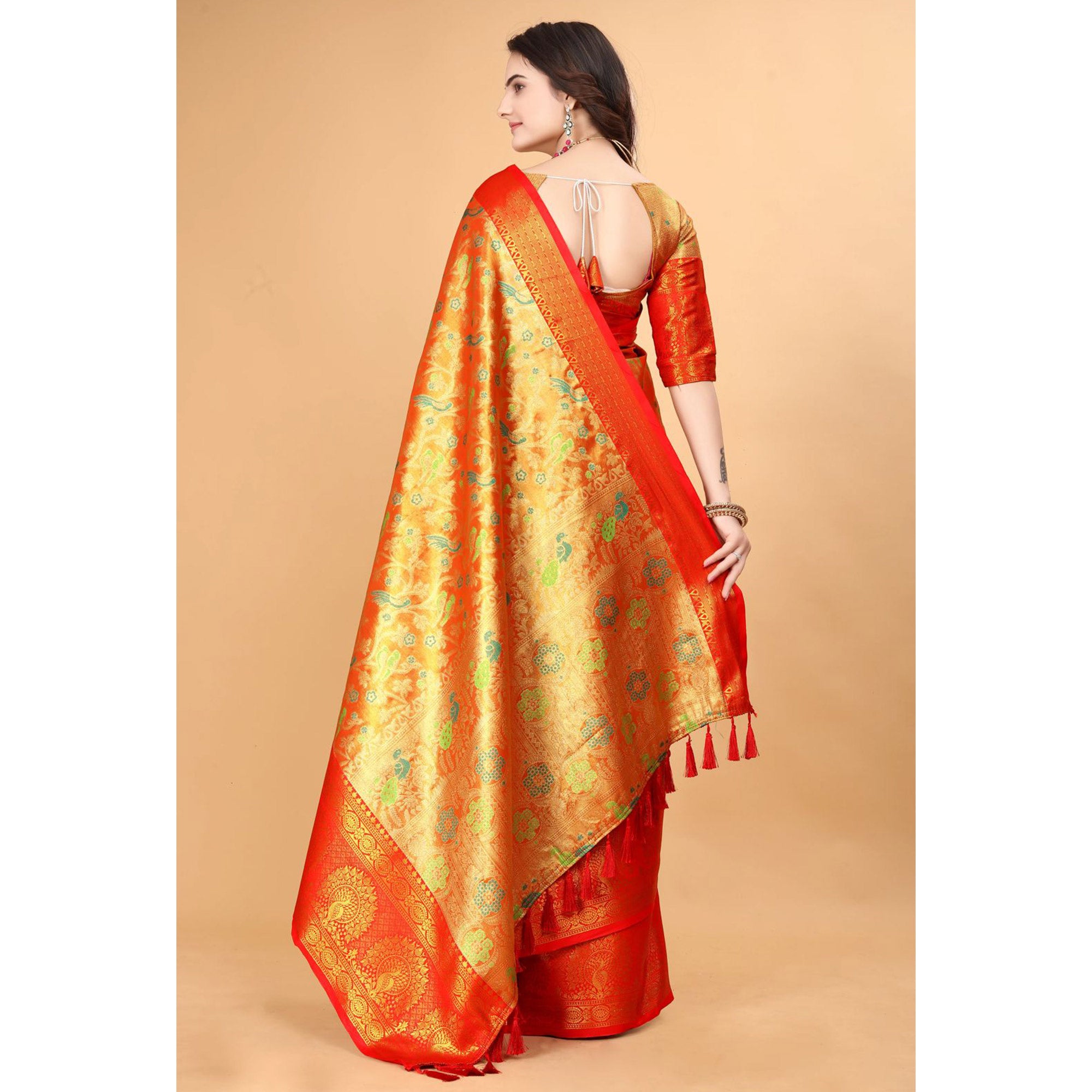 Orange & Red Floral Woven Tissue Silk Saree With Tassels