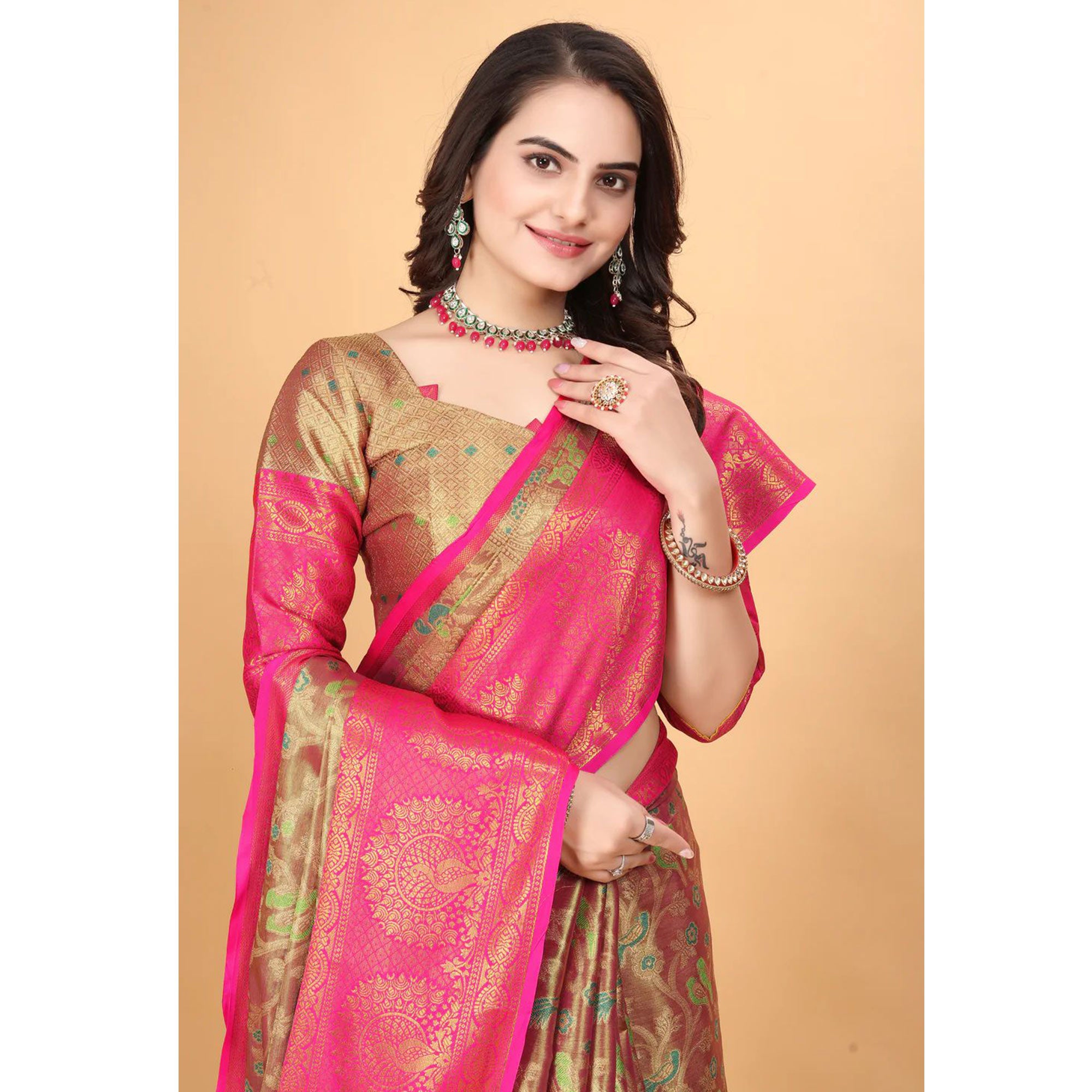 Rani Pink Floral Woven Tissue Silk Saree With Tassels