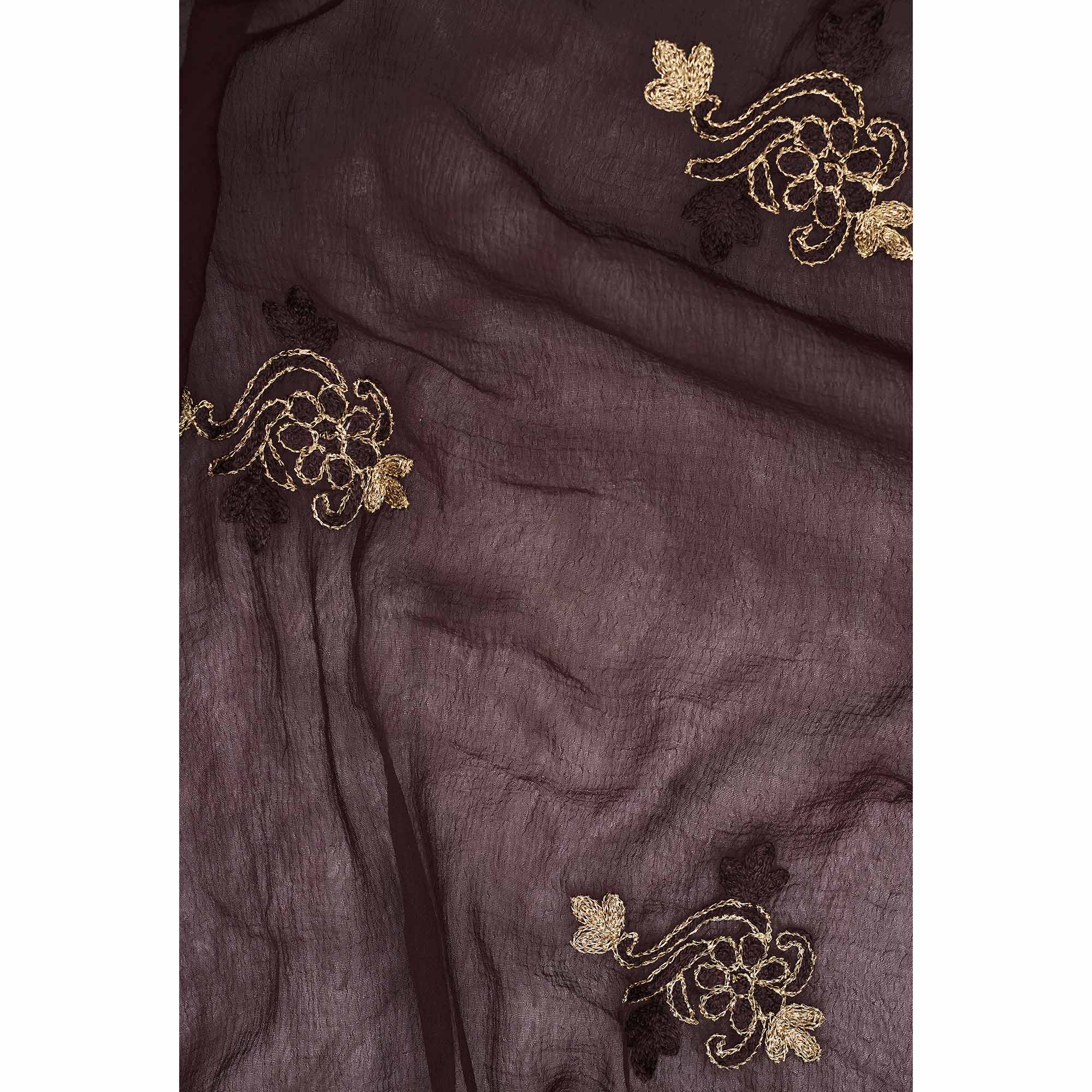 Coffee Brown Foil Printed Cotton Blend Dress Material