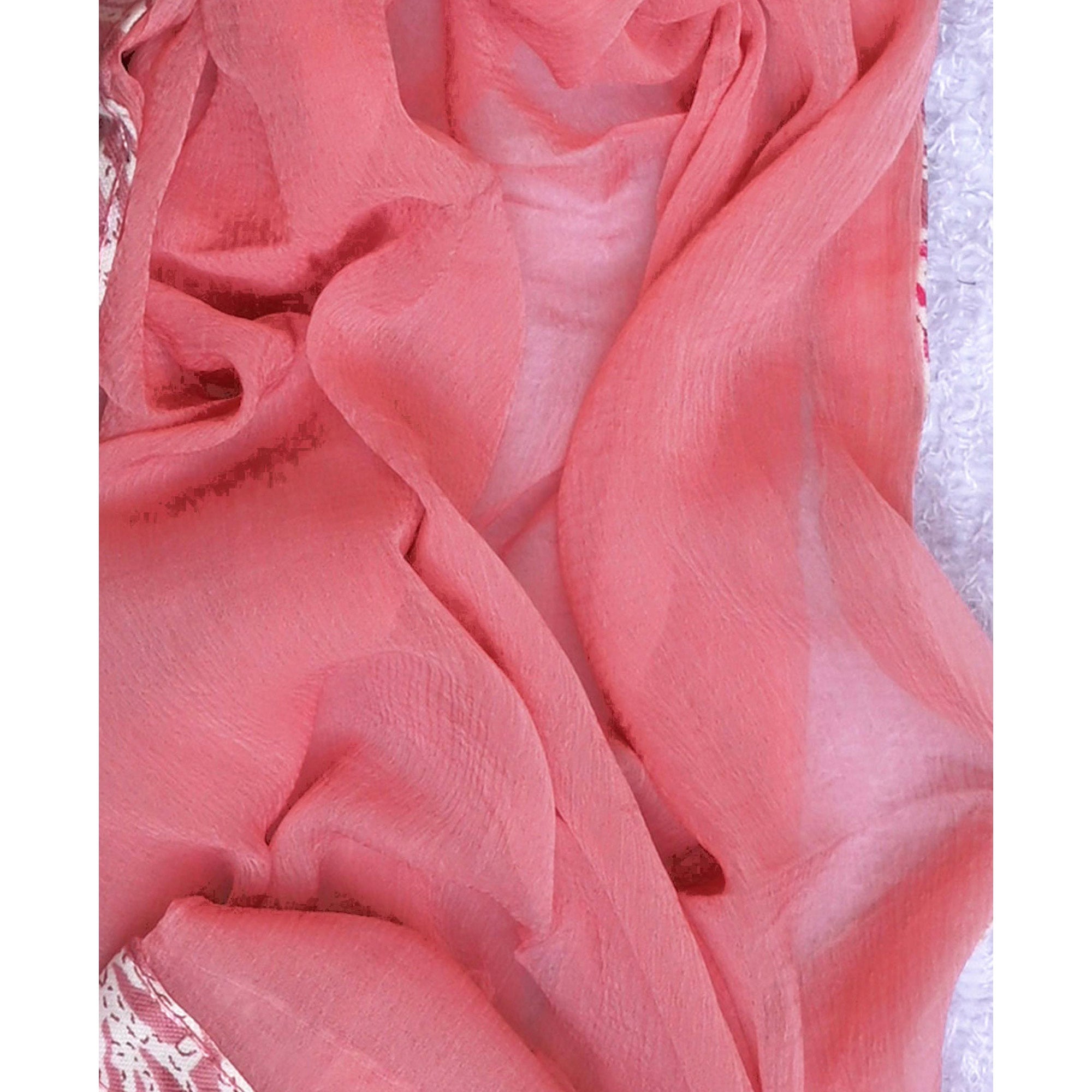 Peach Foil Printed With Sequins Embroidery Cotton Blend Dress Material
