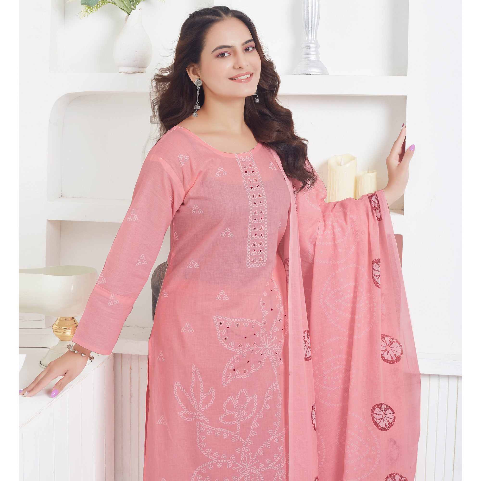 Peach Printed Pure Cotton Salwar Suit With Mirror Work