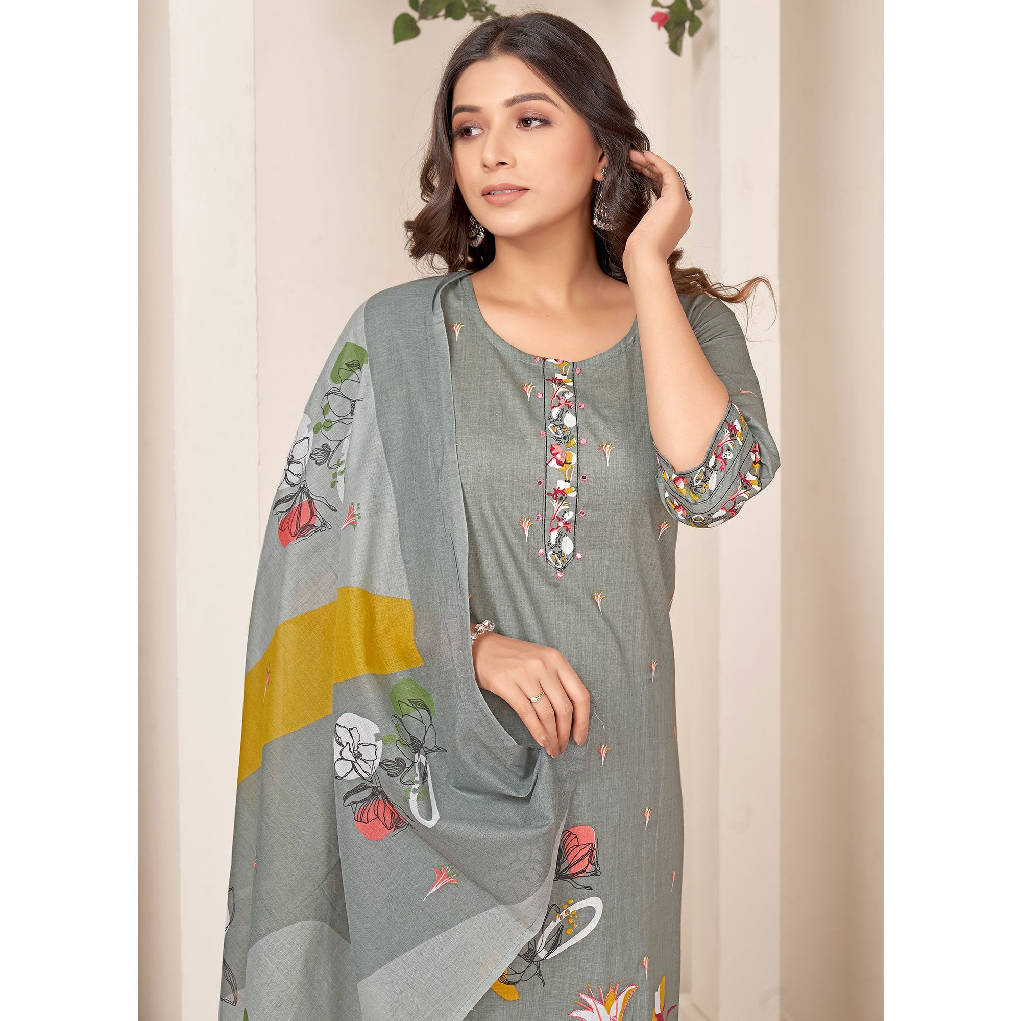 Grey Floral Printed Pure Cotton Straight Salwar Suit