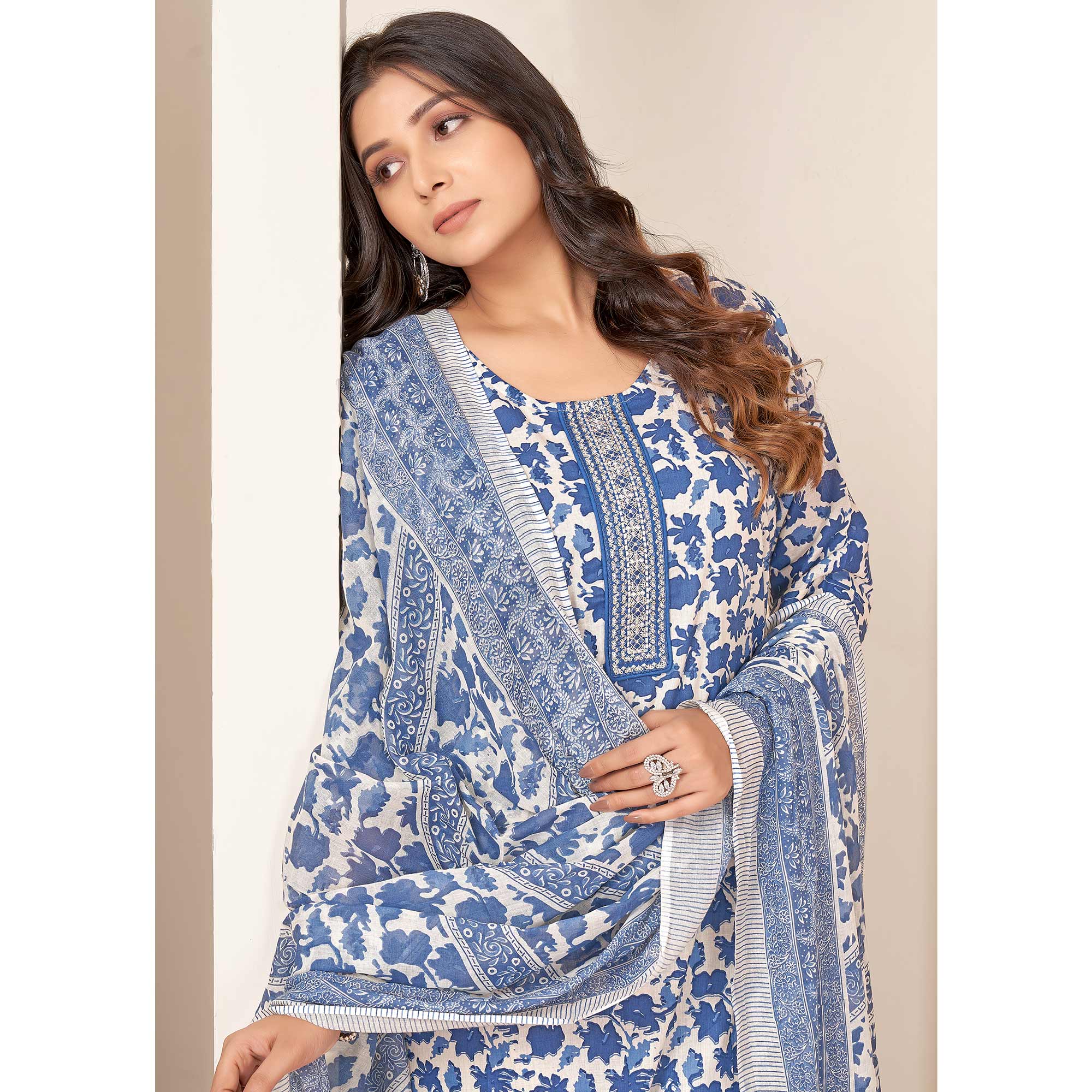 Blue Floral Printed Pure Cotton Salwar Suit