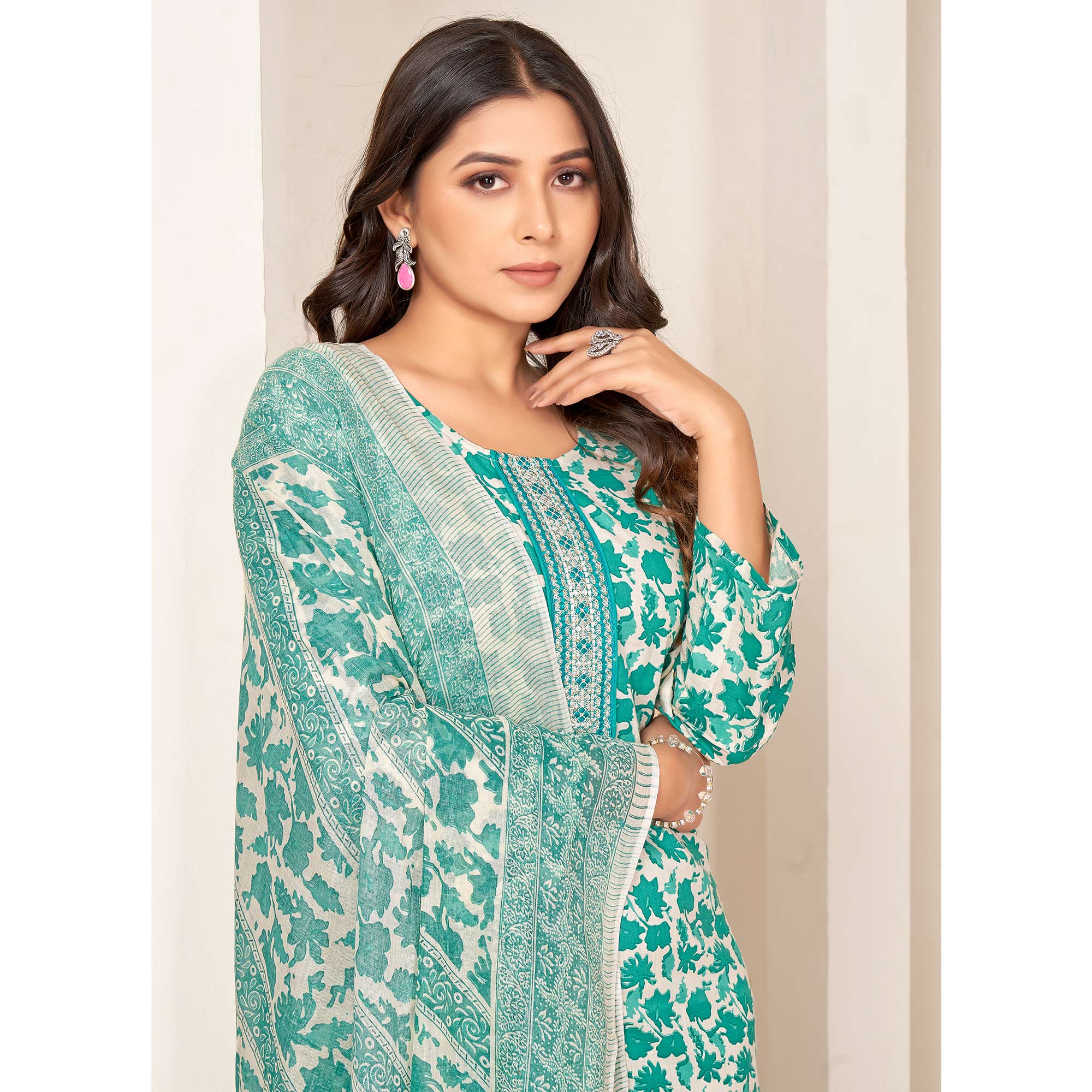 Rama Green Floral Printed Pure Cotton Salwar Suit