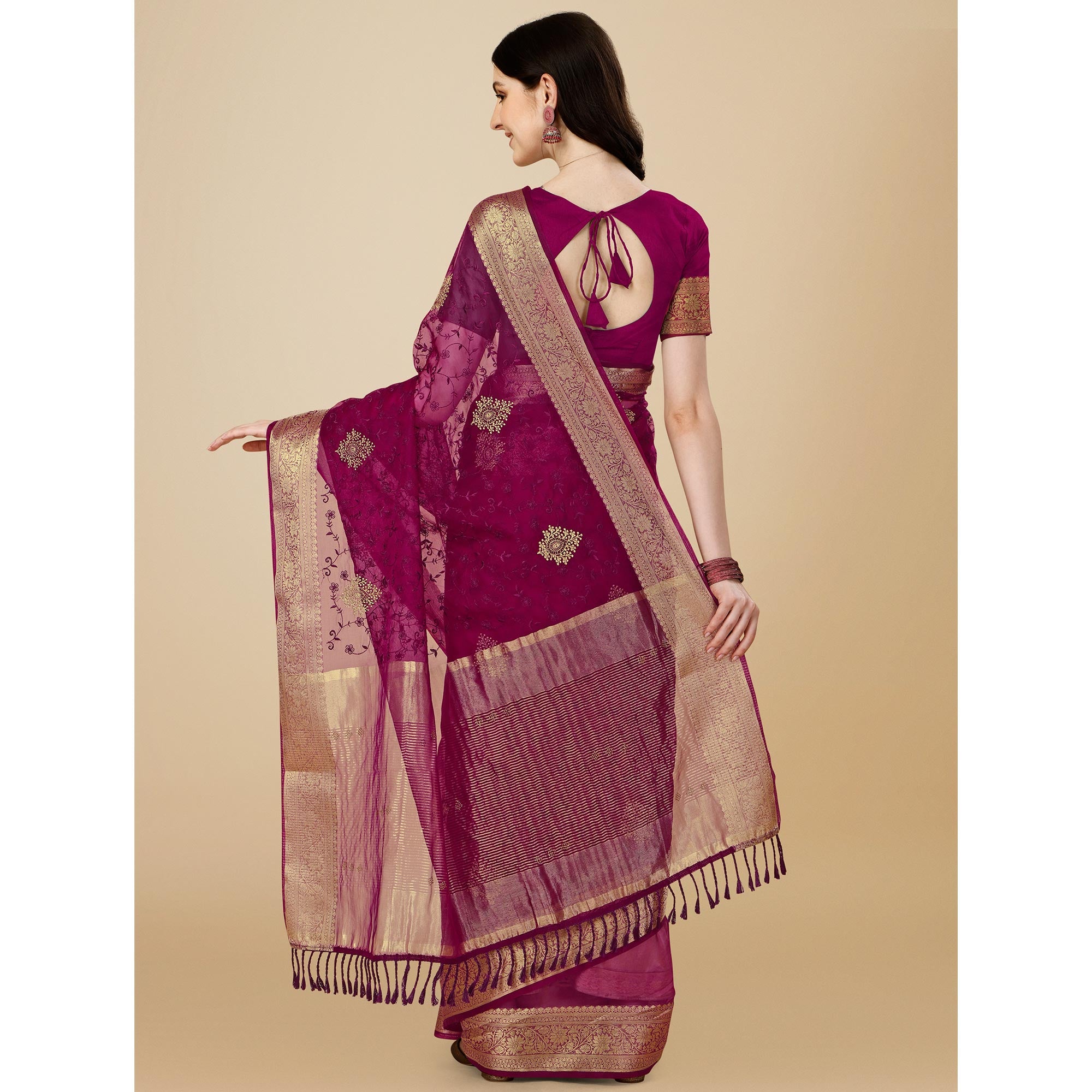 Purple Floral Embroidered Organza Saree