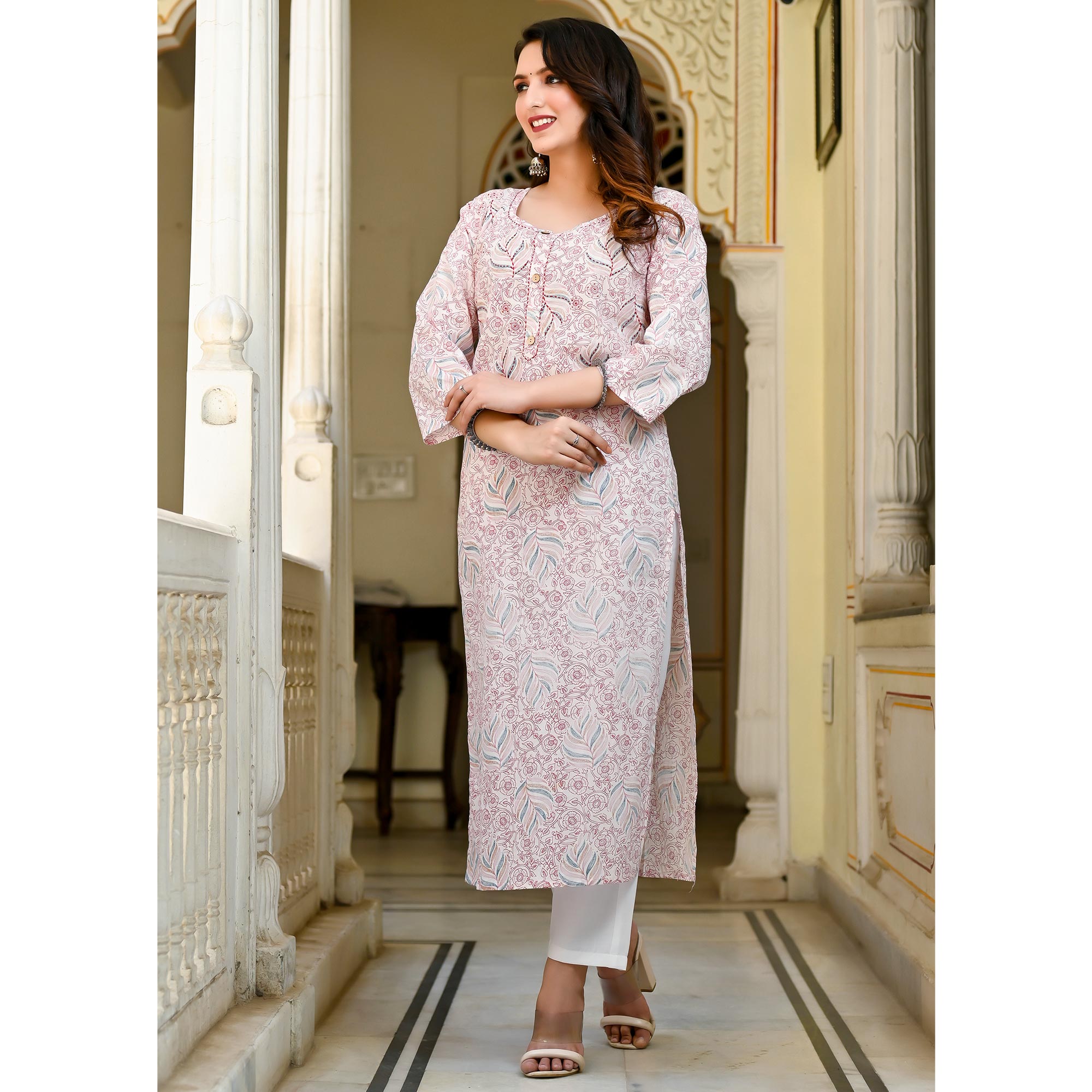 Pink & White Floral Printed Pure Cotton Kurti