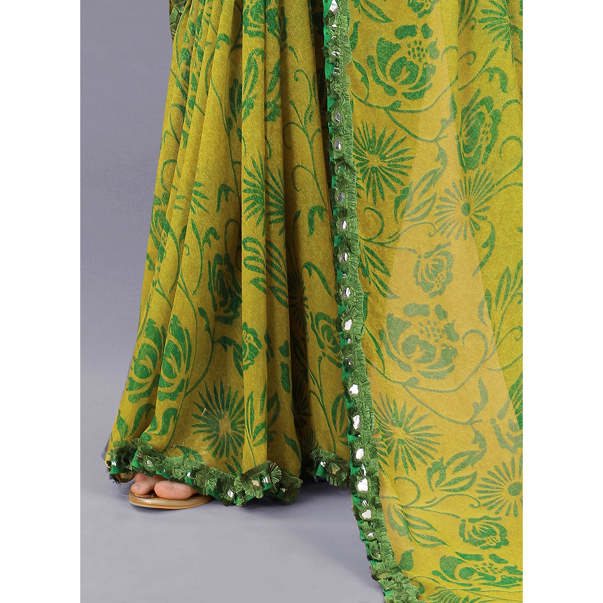 Lemon Green Floral Printed Georgette Saree