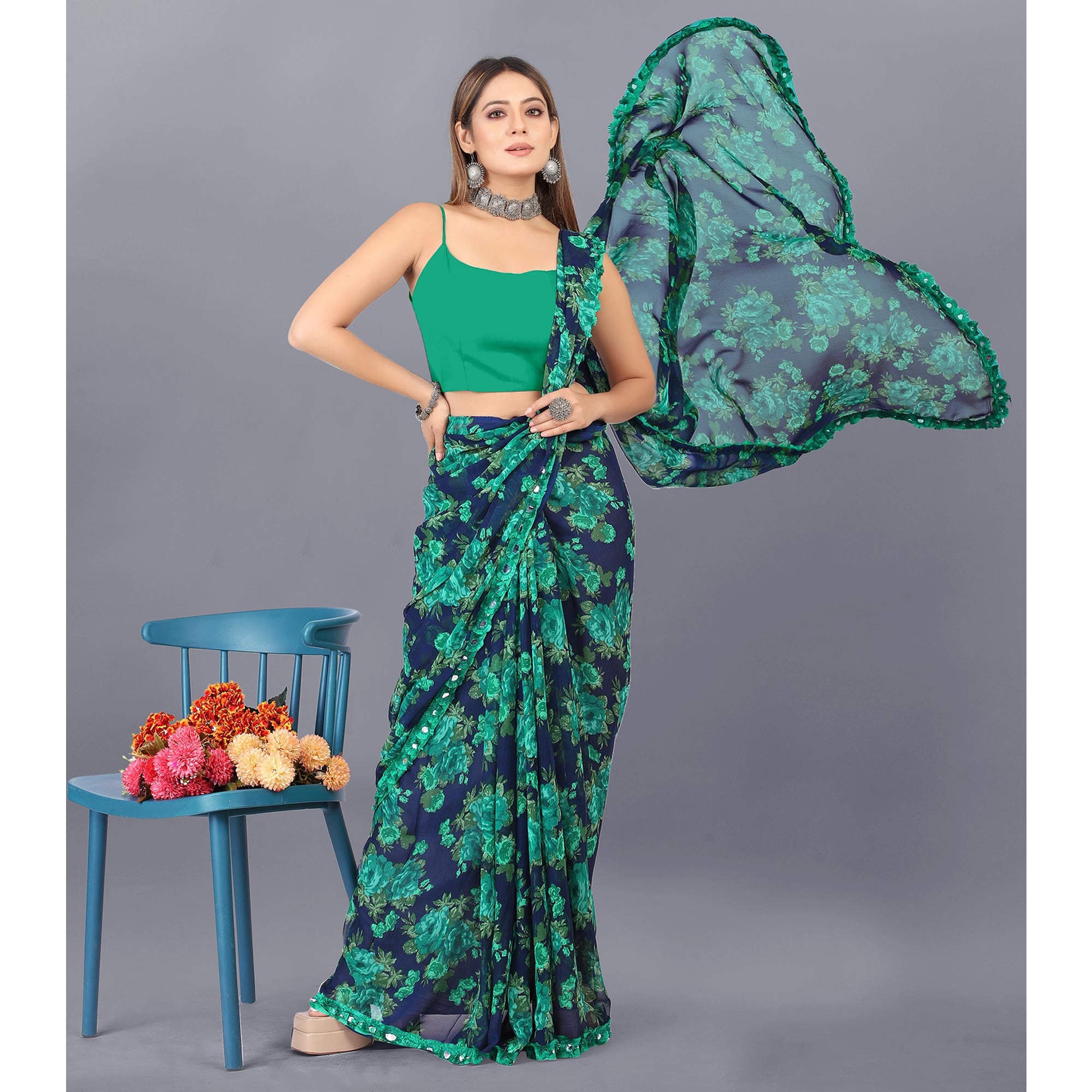 Blue Floral Printed Georgette Saree With Lace Border