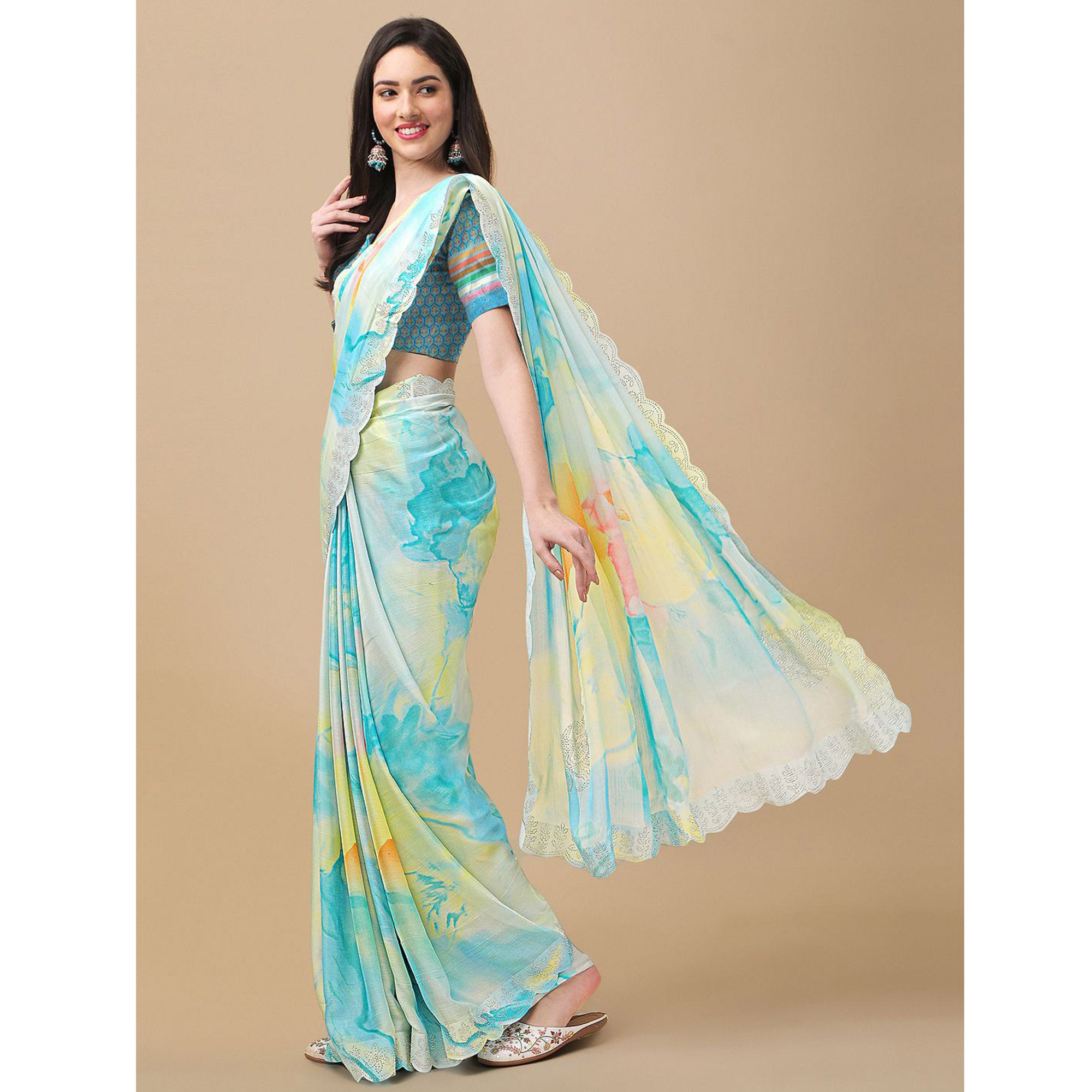 Sky Blue Printed With Swarovski Work Chiffon Saree